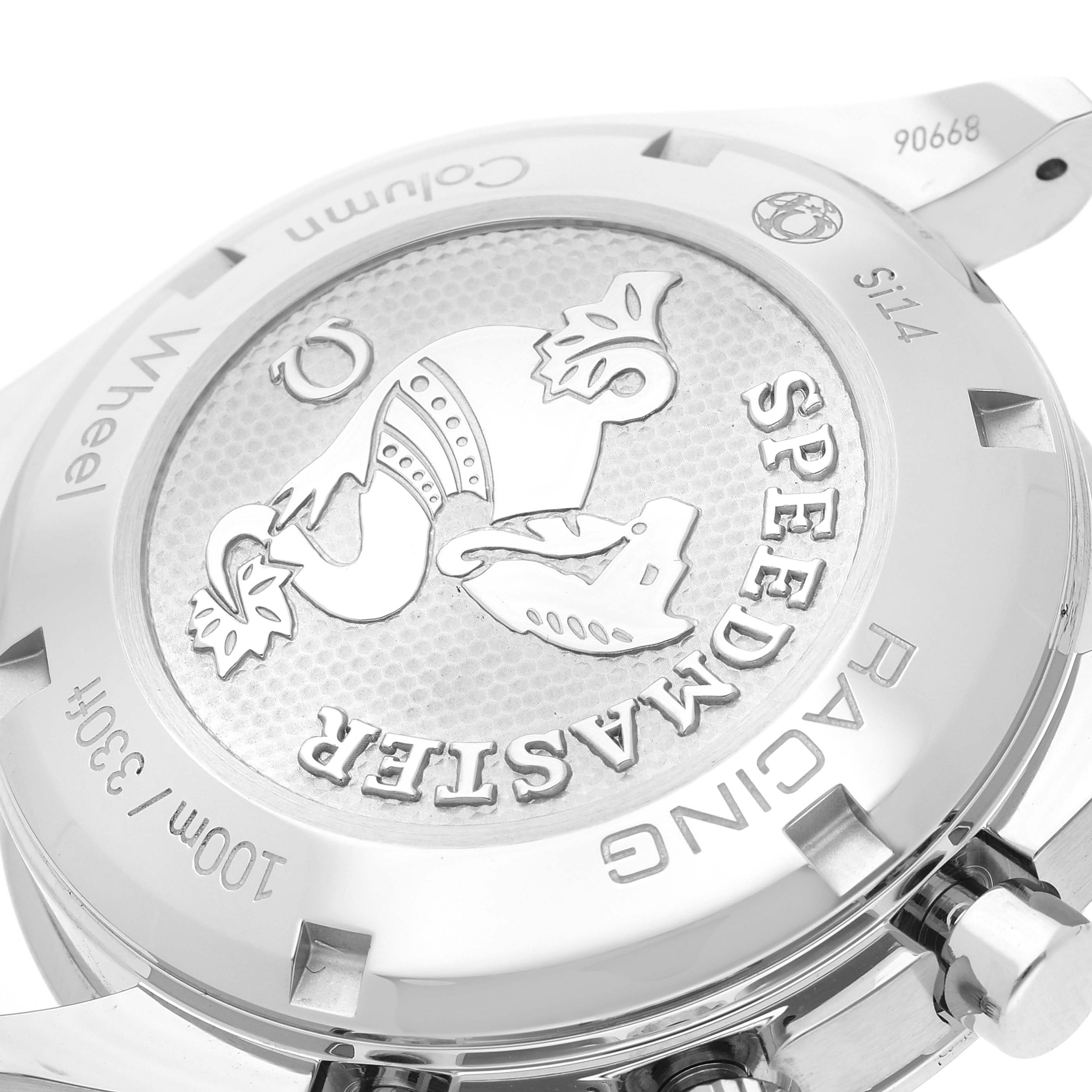 This image shows the back view of an Omega Speedmaster 326.30.40.50.01.002 Men
s Stainless Steel Black Dial 326.30.40.50.01.002 Men
s Stainless Steel Black Dial Racing watch, highlighting the engraved case back.