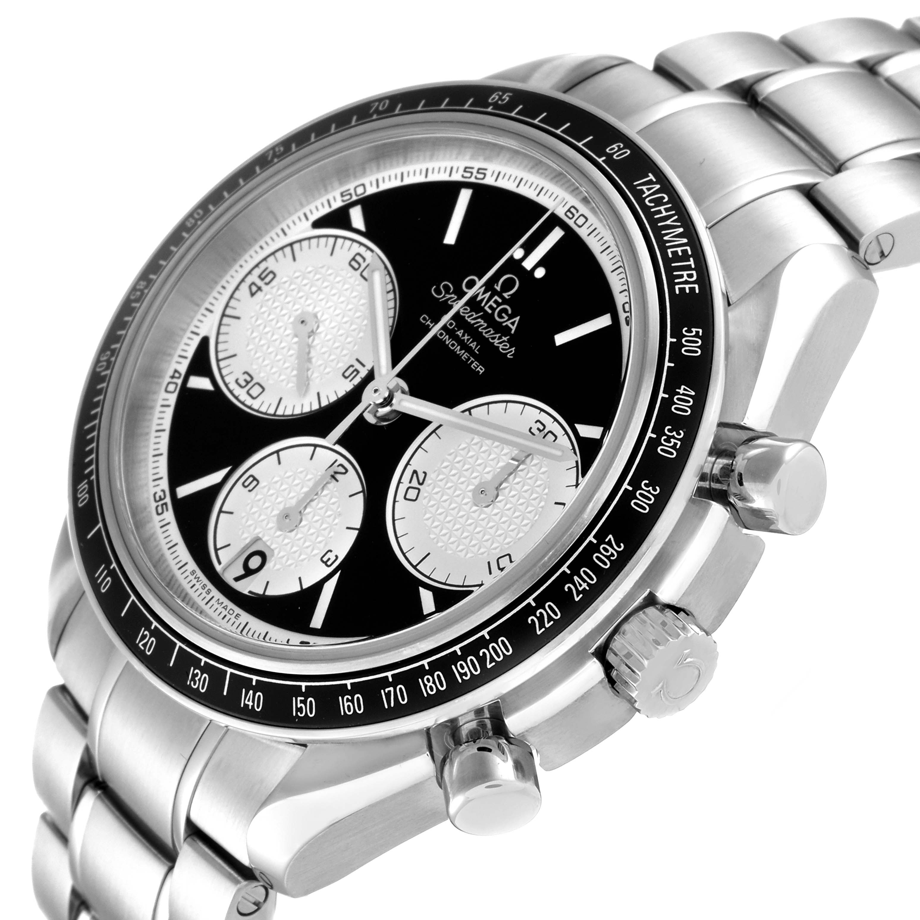 This image shows an angled view of the Omega Speedmaster 326.30.40.50.01.002 Men
s Stainless Steel Black Dial 326.30.40.50.01.002 Men
s Stainless Steel Black Dial watch, highlighting its dial, bezel, and bracelet with pushers and crown.