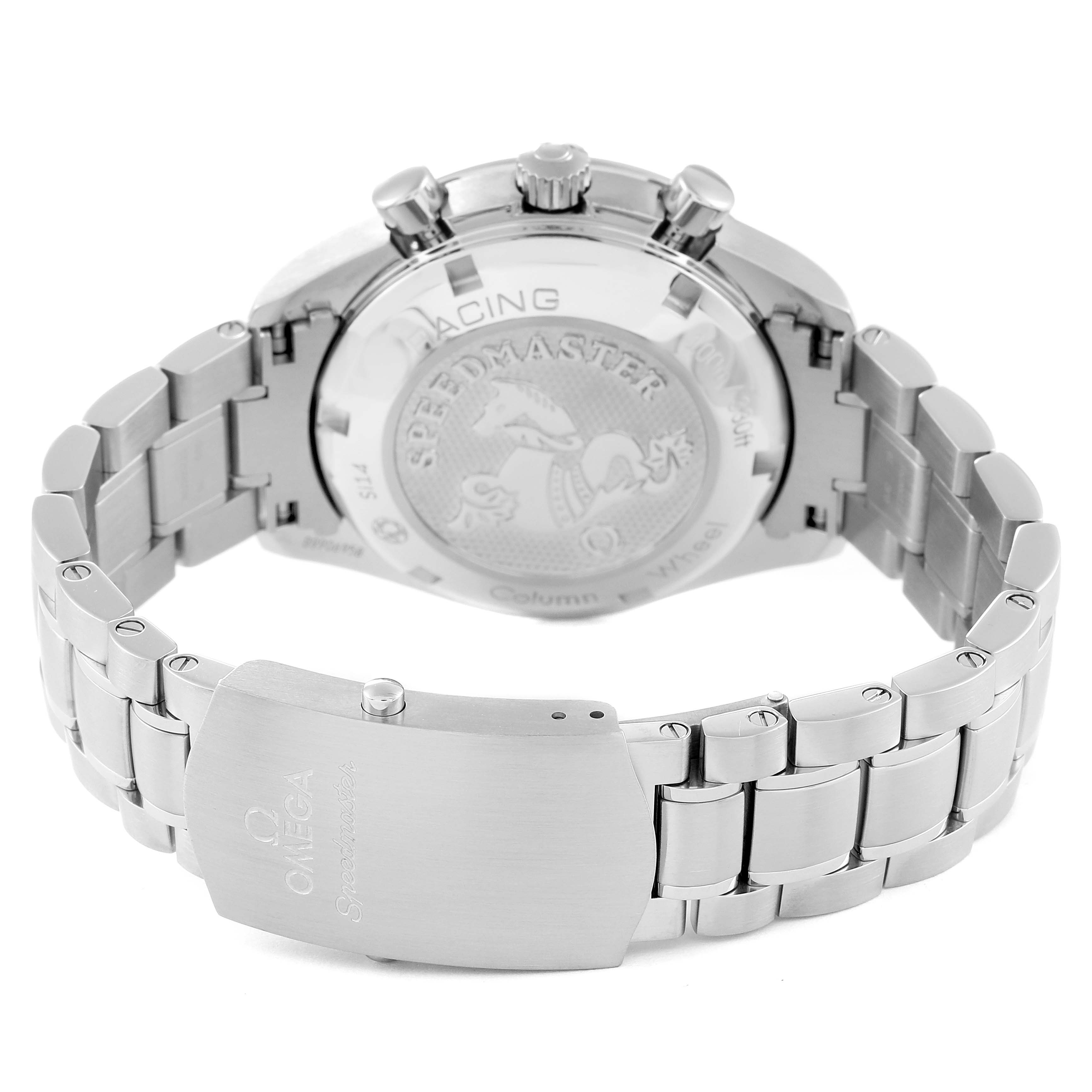 The image shows the back view of the Omega Speedmaster 326.30.40.50.01.002 Men
s Stainless Steel Black Dial 326.30.40.50.01.002 Men
s Stainless Steel Black Dial watch, highlighting the case back and bracelet clasp.