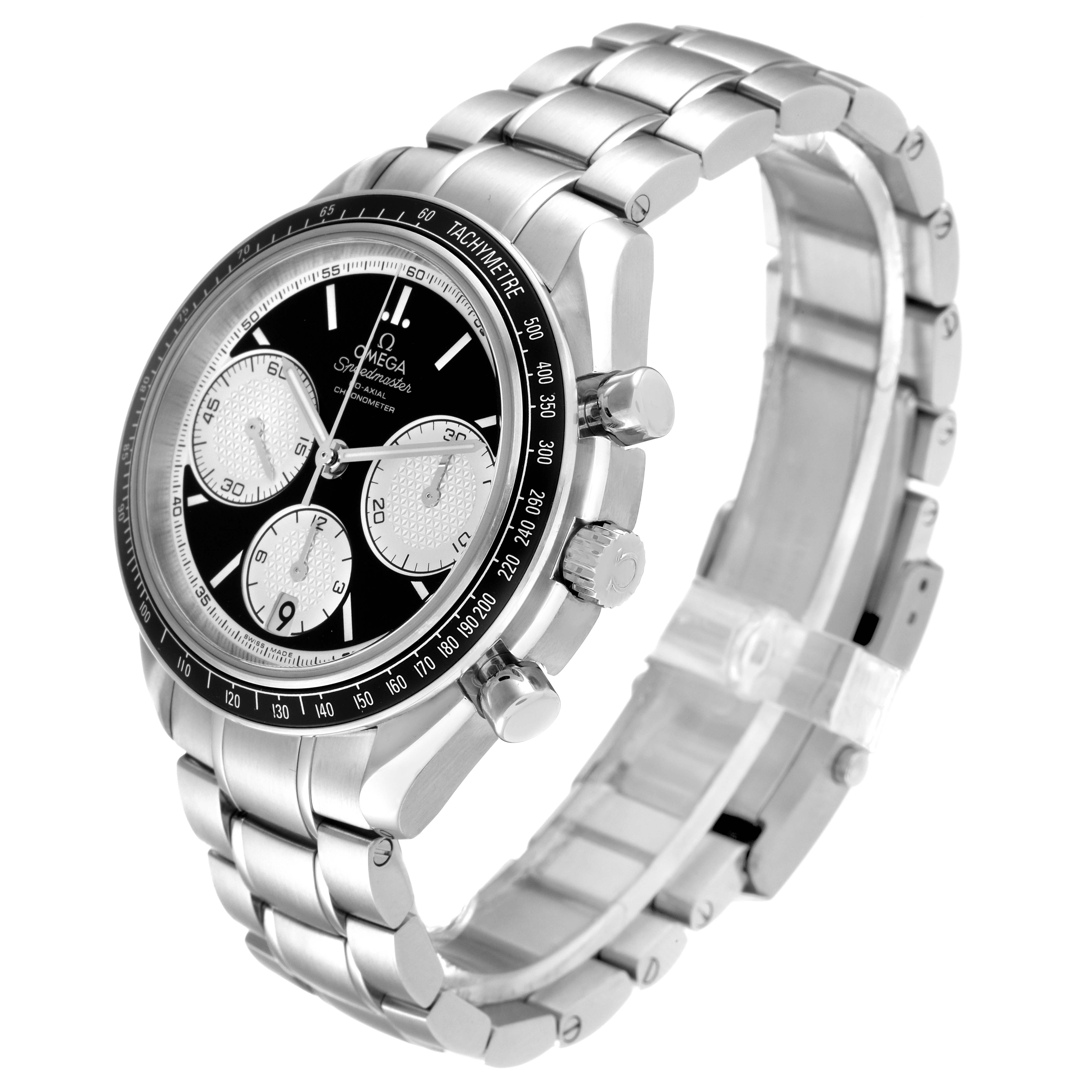 This image shows an angled view of an Omega Speedmaster 326.30.40.50.01.002 Men
s Stainless Steel Black Dial 326.30.40.50.01.002 Men
s Stainless Steel Black Dial watch highlighting the face, bezel, buttons, and stainless steel bracelet.