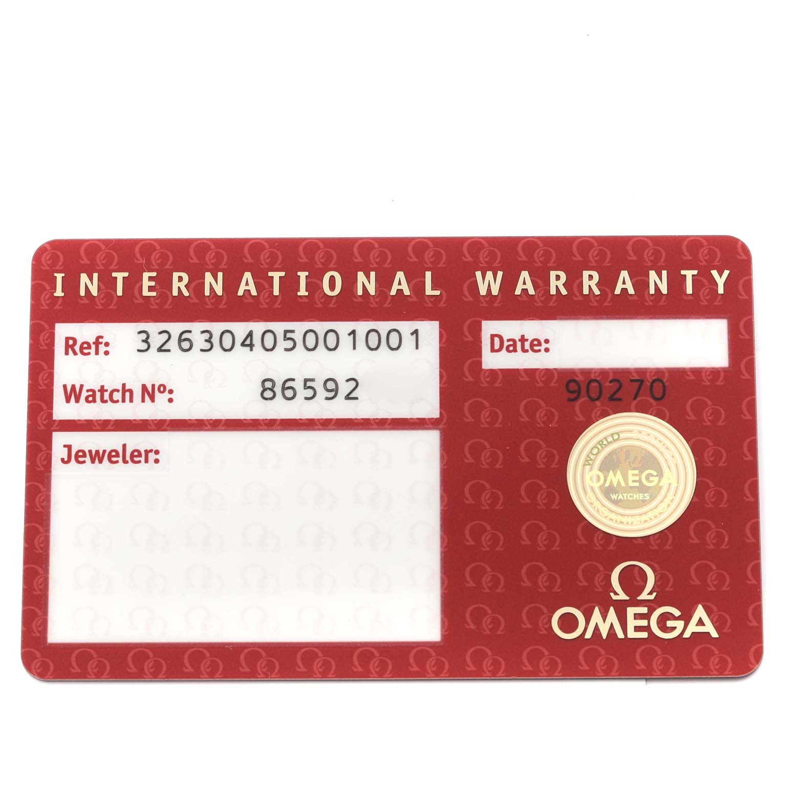 This image shows the International Warranty card for an Omega Speedmaster 326.30.40.50.01.001 Men
s Stainless Steel Black Dial 326.30.40.50.01.001 Men
s Stainless Steel Black Dial watch.