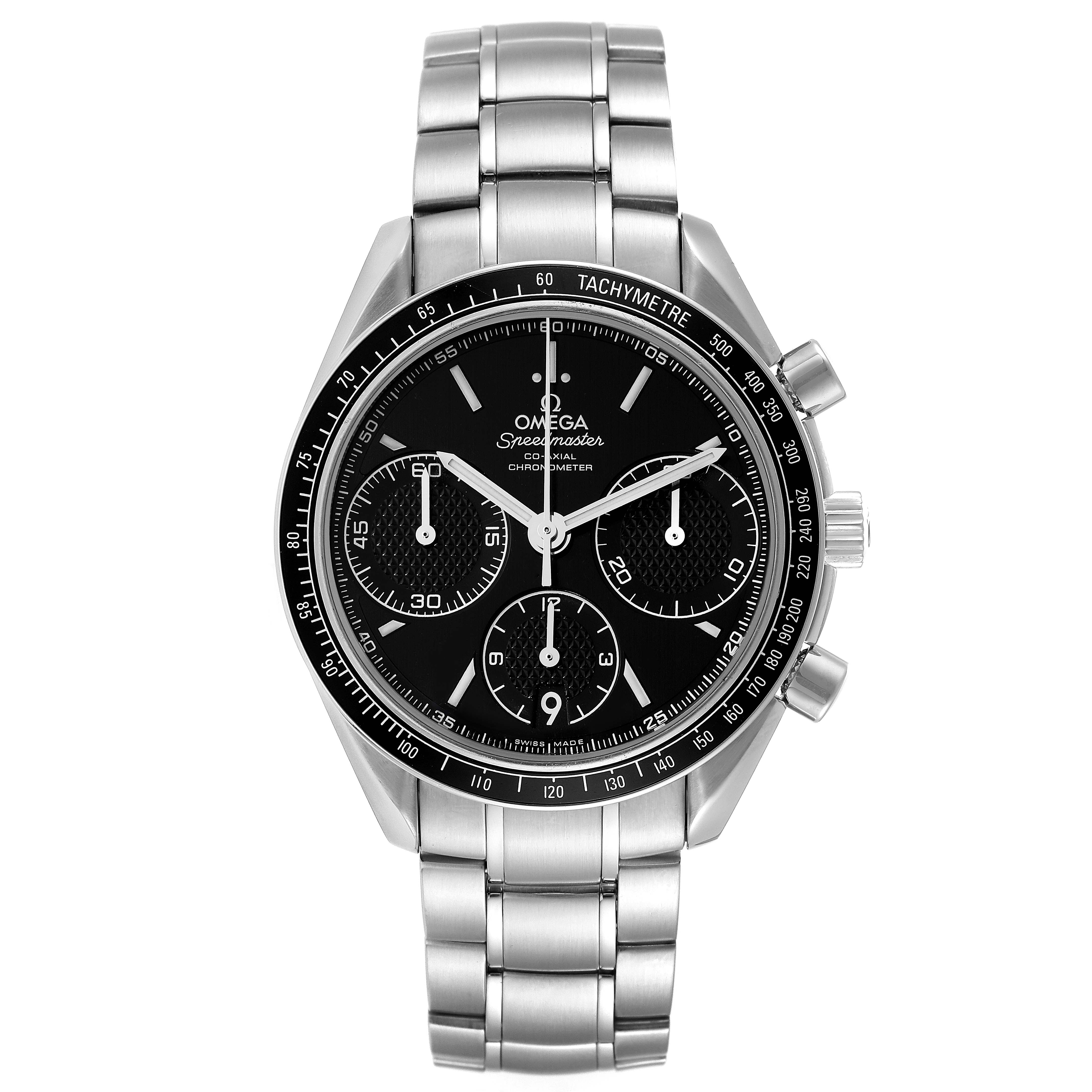 The image shows a front view of an Omega Speedmaster 326.30.40.50.01.001 Men
s Stainless Steel Black Dial 326.30.40.50.01.001 Men
s Stainless Steel Black Dial watch, featuring the dial, tachymetre bezel, and stainless steel bracelet.