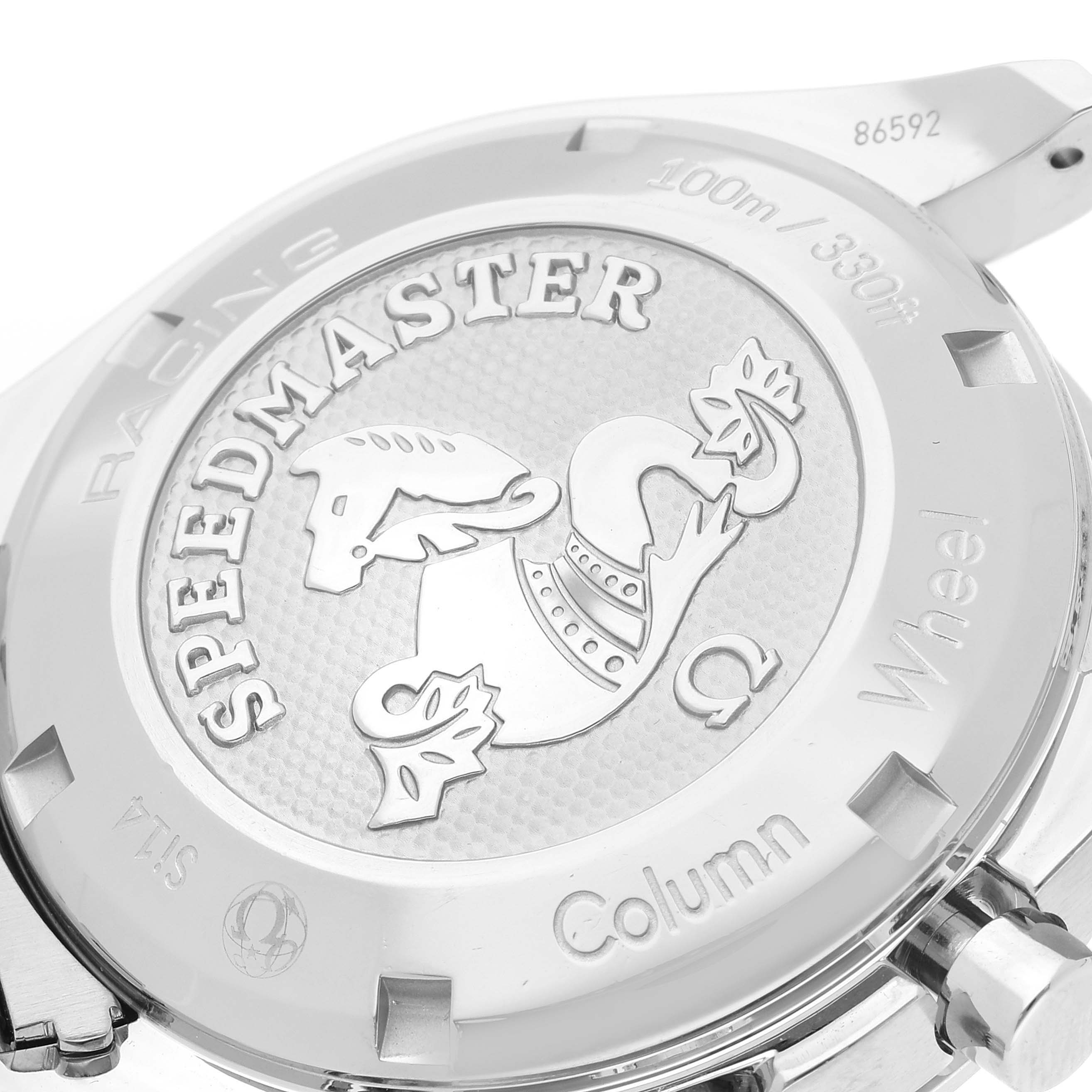 The image shows the back case of an Omega Speedmaster 326.30.40.50.01.001 Men
s Stainless Steel Black Dial 326.30.40.50.01.001 Men
s Stainless Steel Black Dial watch, highlighting the engraved logo and text detailing.