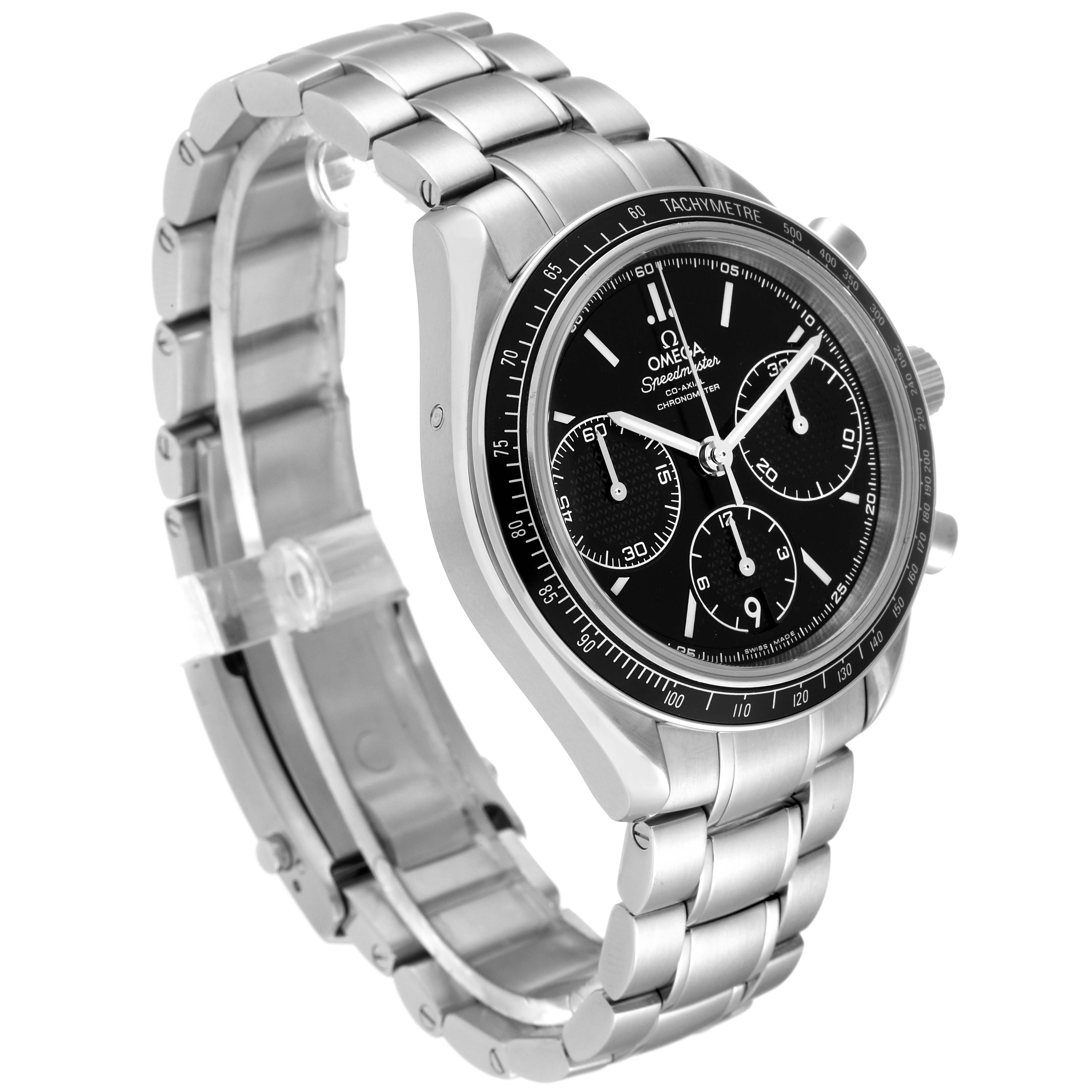 This image shows an angled side view of an Omega Speedmaster 326.30.40.50.01.001 Men
s Stainless Steel Black Dial 326.30.40.50.01.001 Men
s Stainless Steel Black Dial watch, highlighting its bracelet, black dial, and tachymeter bezel.