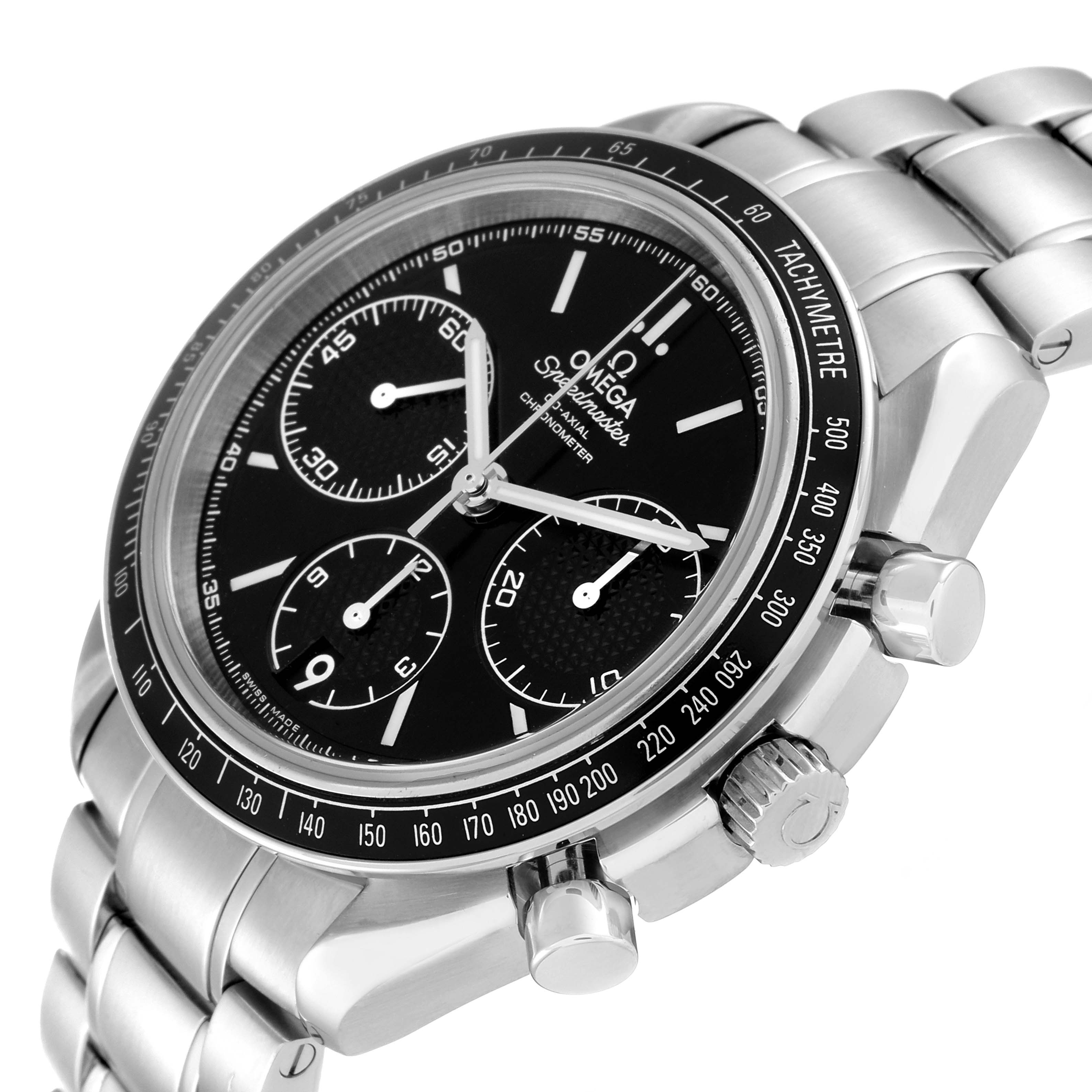 This image shows a close-up of an Omega Speedmaster 326.30.40.50.01.001 Men
s Stainless Steel Black Dial 326.30.40.50.01.001 Men
s Stainless Steel Black Dial watch at a slight angle, highlighting the dial, bezel, and stainless steel bracelet.