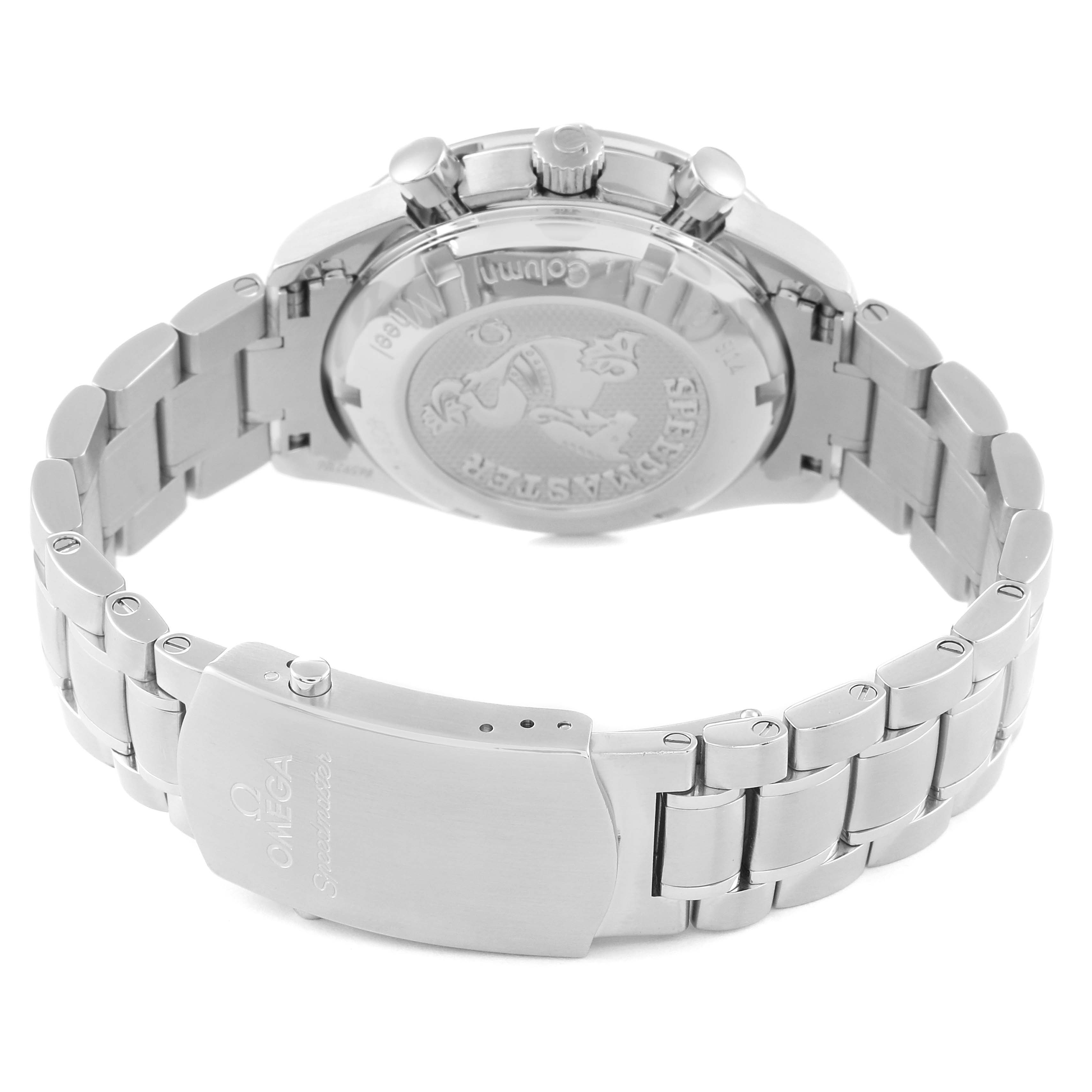 This image shows the back case and bracelet of the Omega Speedmaster 326.30.40.50.01.001 Men
s Stainless Steel Black Dial 326.30.40.50.01.001 Men
s Stainless Steel Black Dial watch at a slight rear angle.