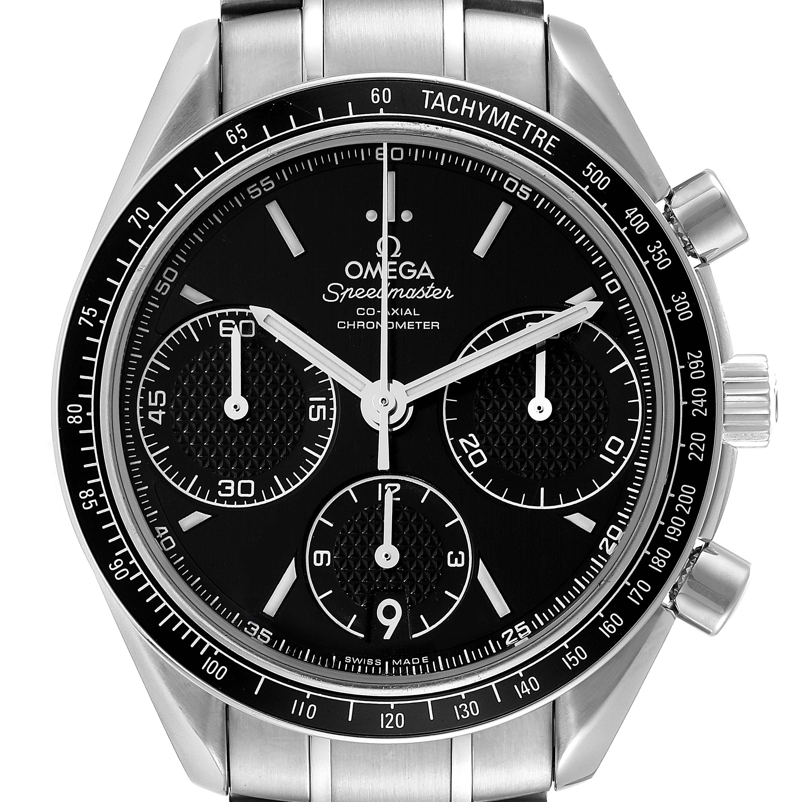 The image shows a frontal view of an Omega Speedmaster 326.30.40.50.01.001 Men
s Stainless Steel Black Dial 326.30.40.50.01.001 Men
s Stainless Steel Black Dial watch, highlighting the dial, chronograph subdials, tachymeter scale, and stainless steel bracelet.