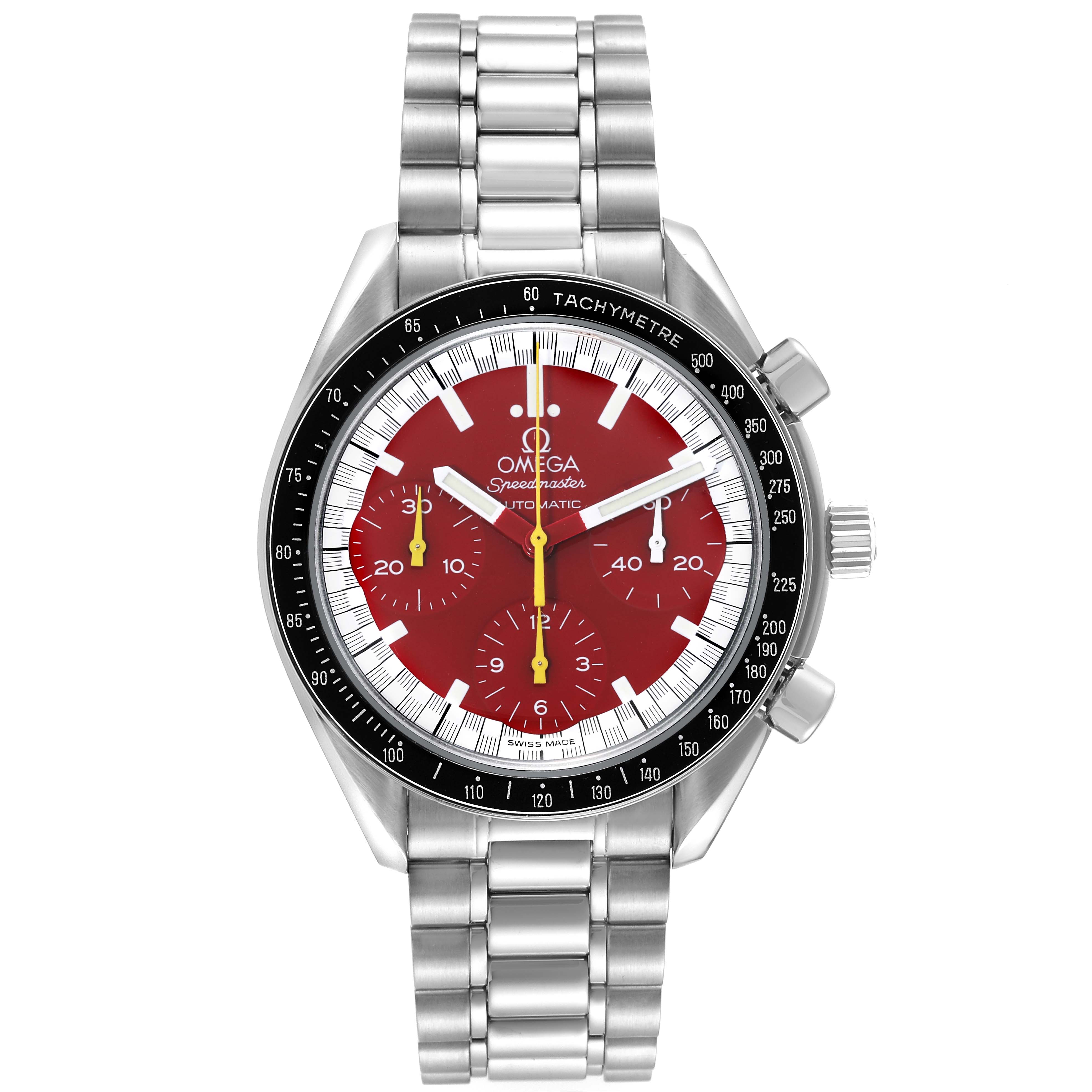 The image shows a front view of an Omega Speedmaster 3510.61.00 Men's Stainless Steel Red Dial 3510.61.00 Men's Stainless Steel Red Dial watch with a red dial and stainless steel bracelet.