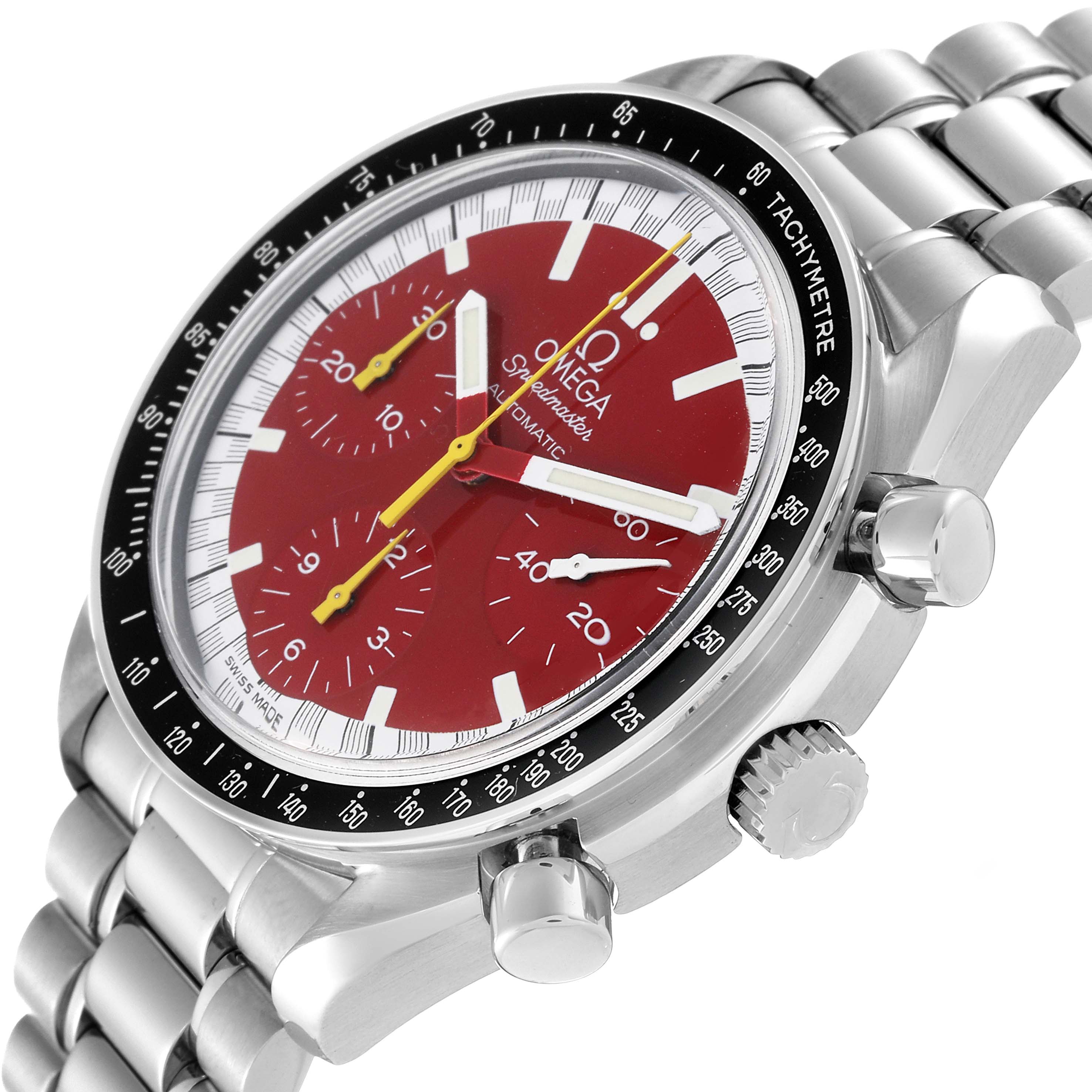 The Omega Speedmaster 3510.61.00 Men's Stainless Steel Red Dial 3510.61.00 Men's Stainless Steel Red Dial watch is shown at an angled side view, displaying the red dial, tachymeter bezel, and stainless steel bracelet.