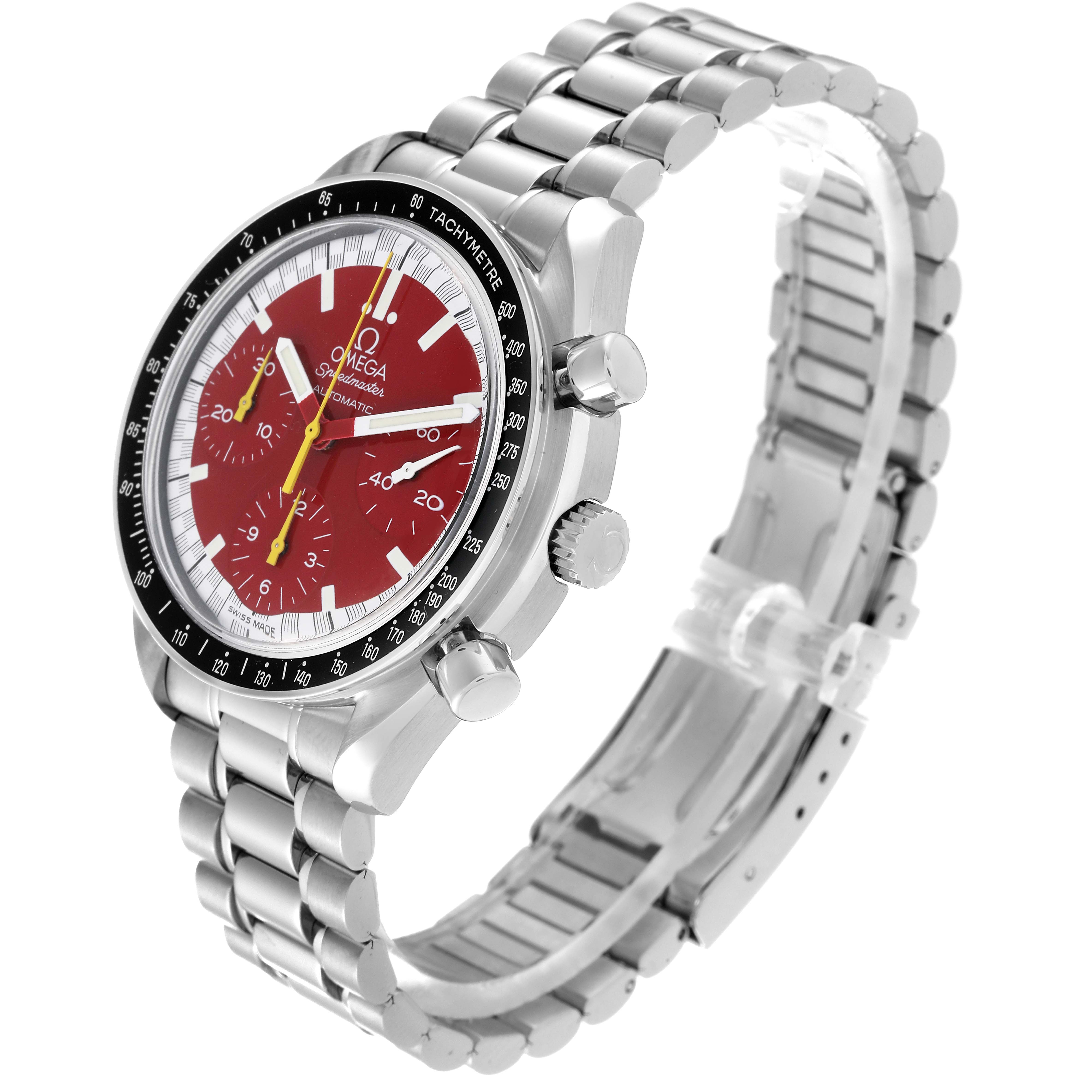 This Omega Speedmaster 3510.61.00 Men's Stainless Steel Red Dial 3510.61.00 Men's Stainless Steel Red Dial watch is shown at an angle displaying its face, side buttons, crown, and metal bracelet.