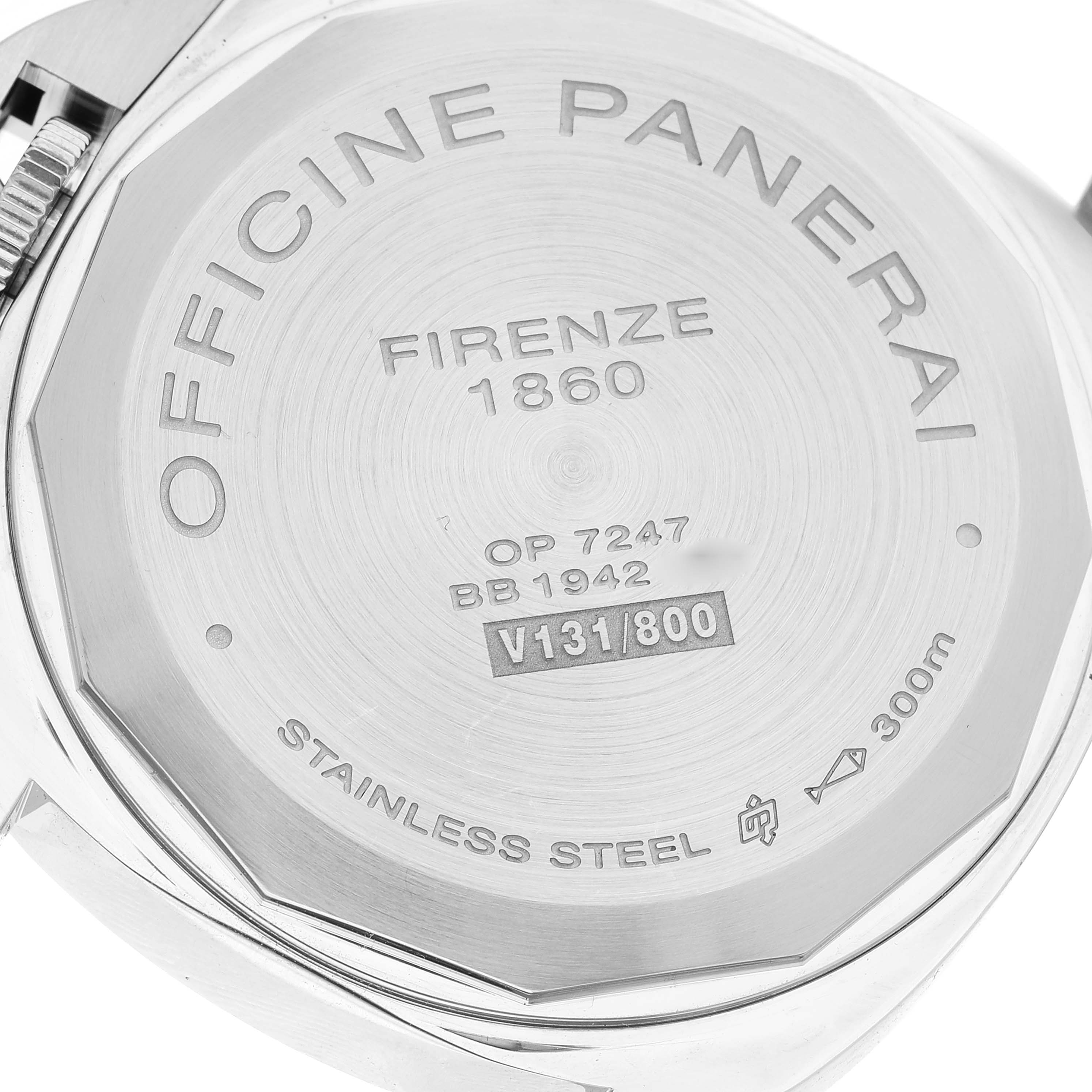 This image shows the back case of a Panerai Luminor PAM00795 Men
s Stainless Steel Black Dial PAM00795 Men
s Stainless Steel Black Dial watch, highlighting its engravings and stainless steel material.