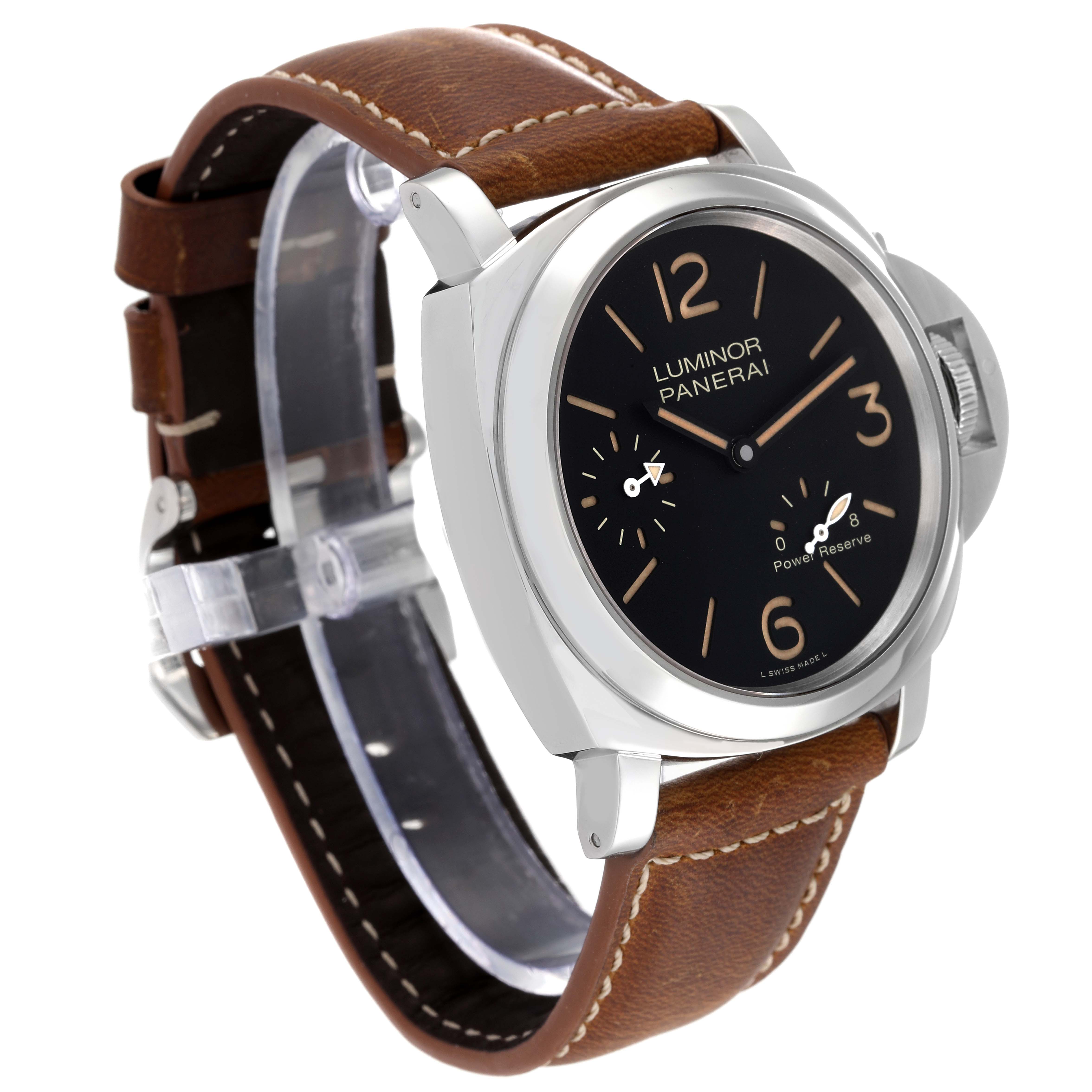 The image shows a Panerai Luminor PAM00795 Men
s Stainless Steel Black Dial PAM00795 Men
s Stainless Steel Black Dial watch angled to display its black dial, silver case, brown leather strap, and crown guard.