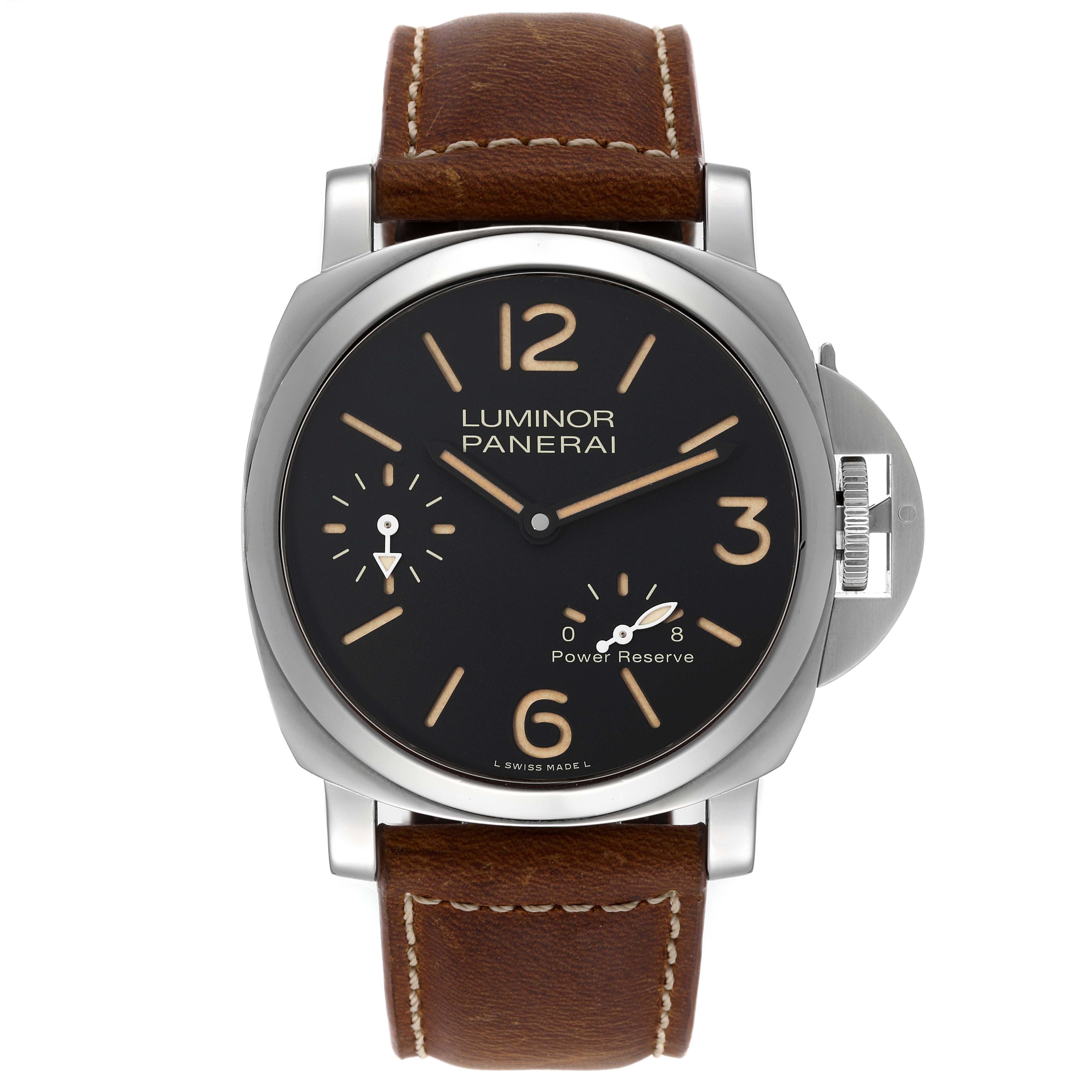 This image shows a front view of a Panerai Luminor PAM00795 Men
s Stainless Steel Black Dial PAM00795 Men
s Stainless Steel Black Dial watch, displaying the dial, brown leather strap, and crown guard.