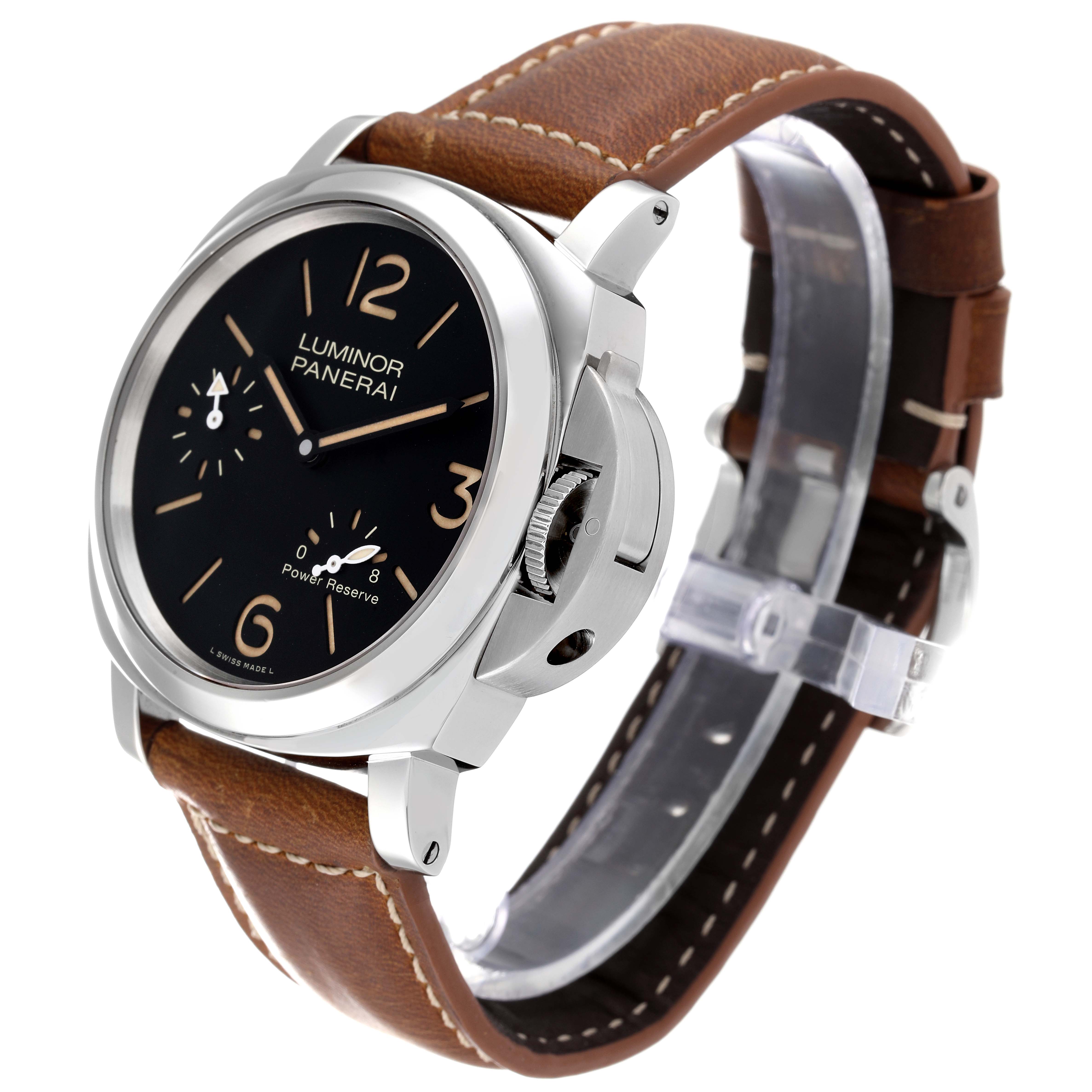 The image shows a side angle of a Panerai Luminor PAM00795 Men
s Stainless Steel Black Dial PAM00795 Men
s Stainless Steel Black Dial watch, highlighting the dial, crown guard, and brown leather strap.