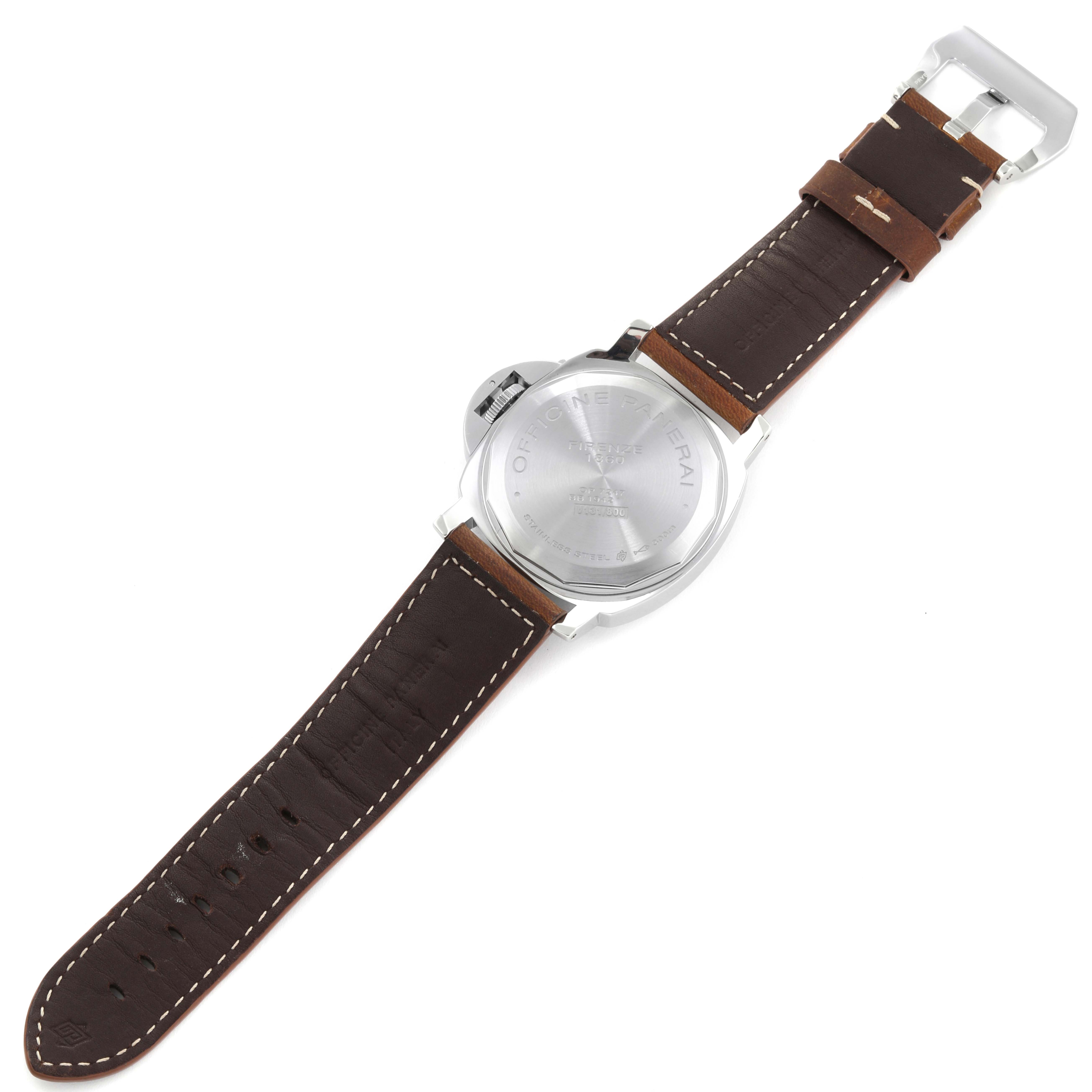 This image shows the back view of the Panerai Luminor PAM00795 Men
s Stainless Steel Black Dial PAM00795 Men
s Stainless Steel Black Dial watch, highlighting its case back, crown guard, and leather strap.