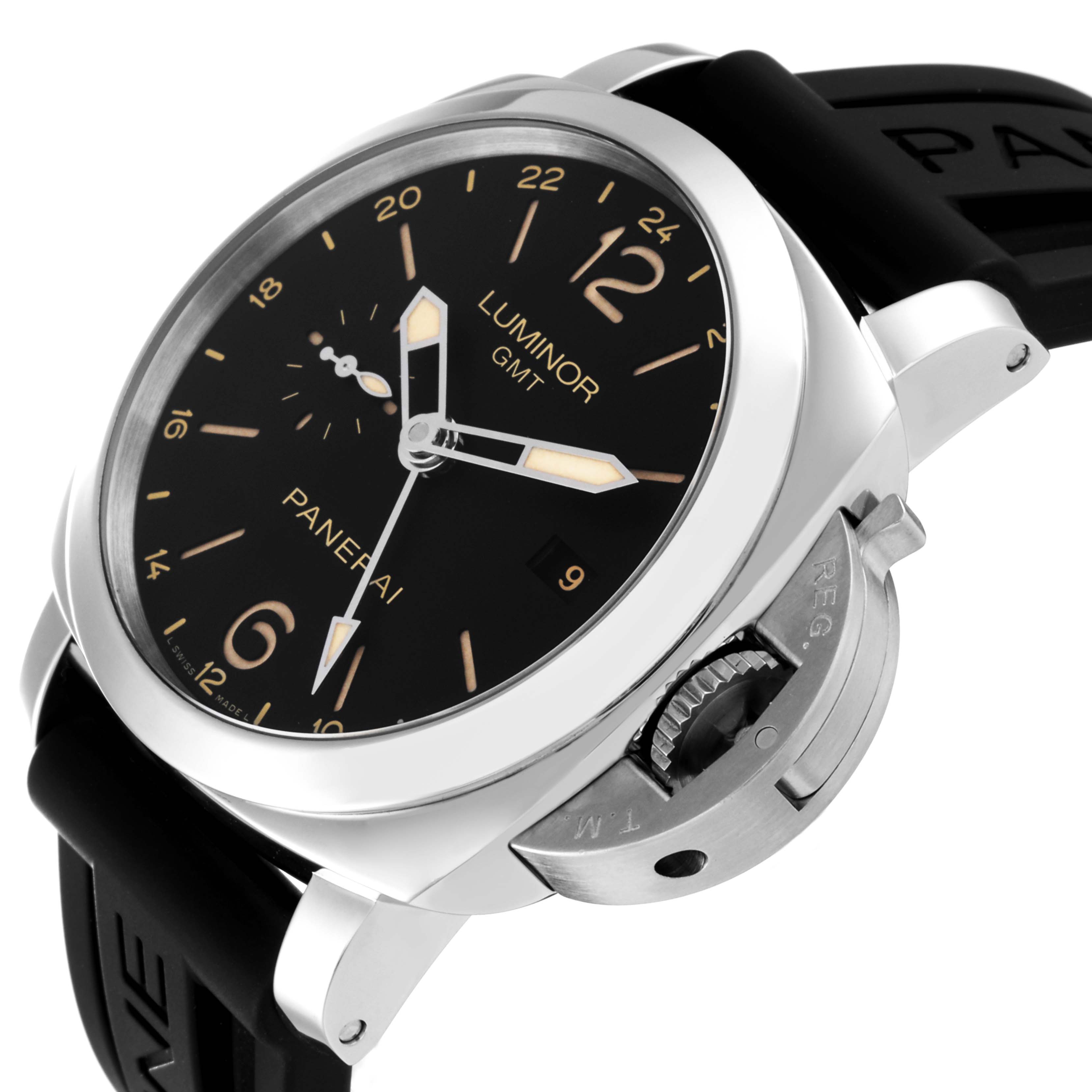 The image shows an angled view of the Panerai Luminor PAM00531 Men's Stainless Steel Black Dial PAM00531 Men's Stainless Steel Black Dial model watch, displaying its face, crown guard, and part of the strap.
