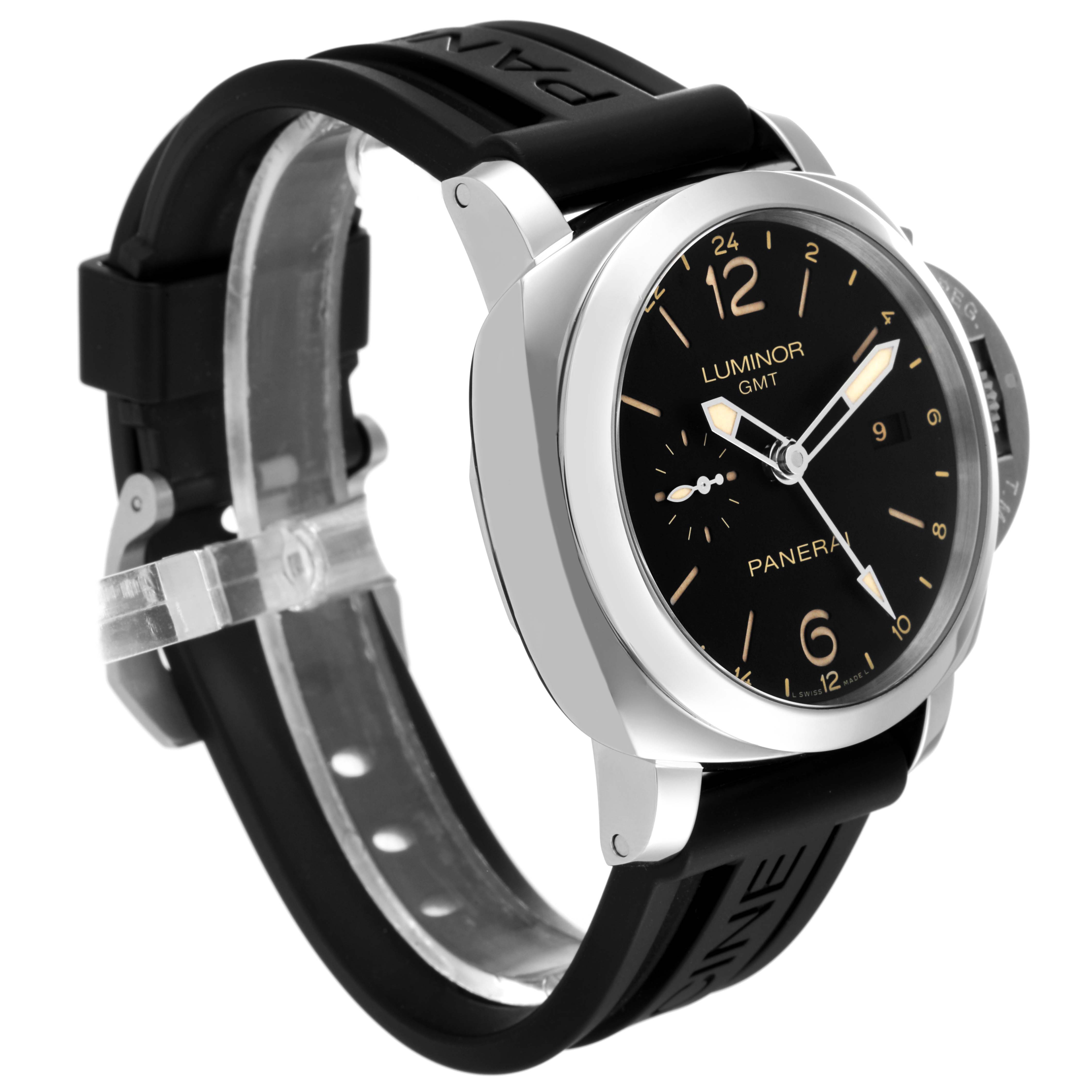 The Panerai Luminor PAM00531 Men's Stainless Steel Black Dial PAM00531 Men's Stainless Steel Black Dial watch is shown at an angle highlighting the face, case, strap, and crown guard.