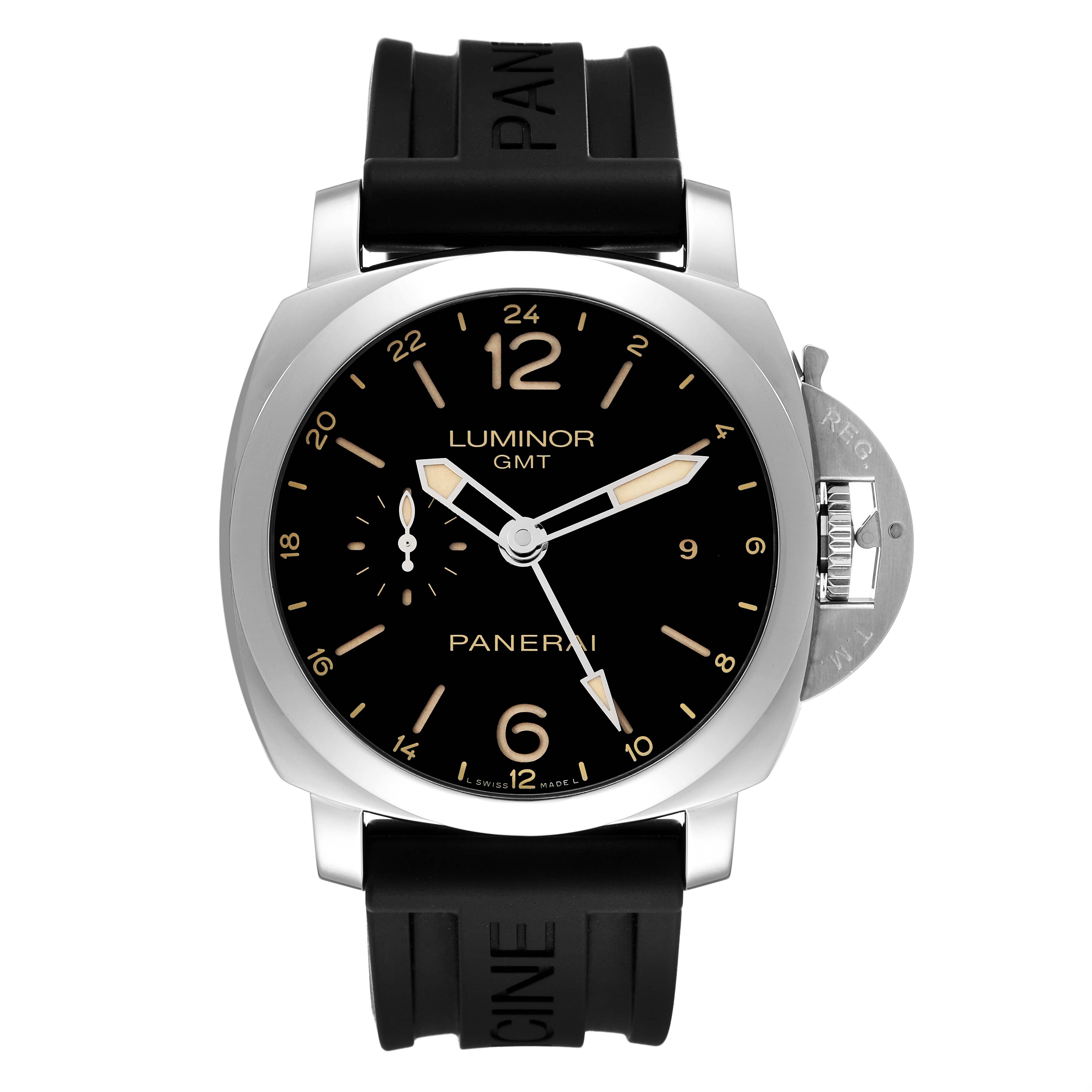 The image shows a front view of the Panerai Luminor PAM00531 Men's Stainless Steel Black Dial PAM00531 Men's Stainless Steel Black Dial GMT watch, featuring a black dial and a black rubber strap.