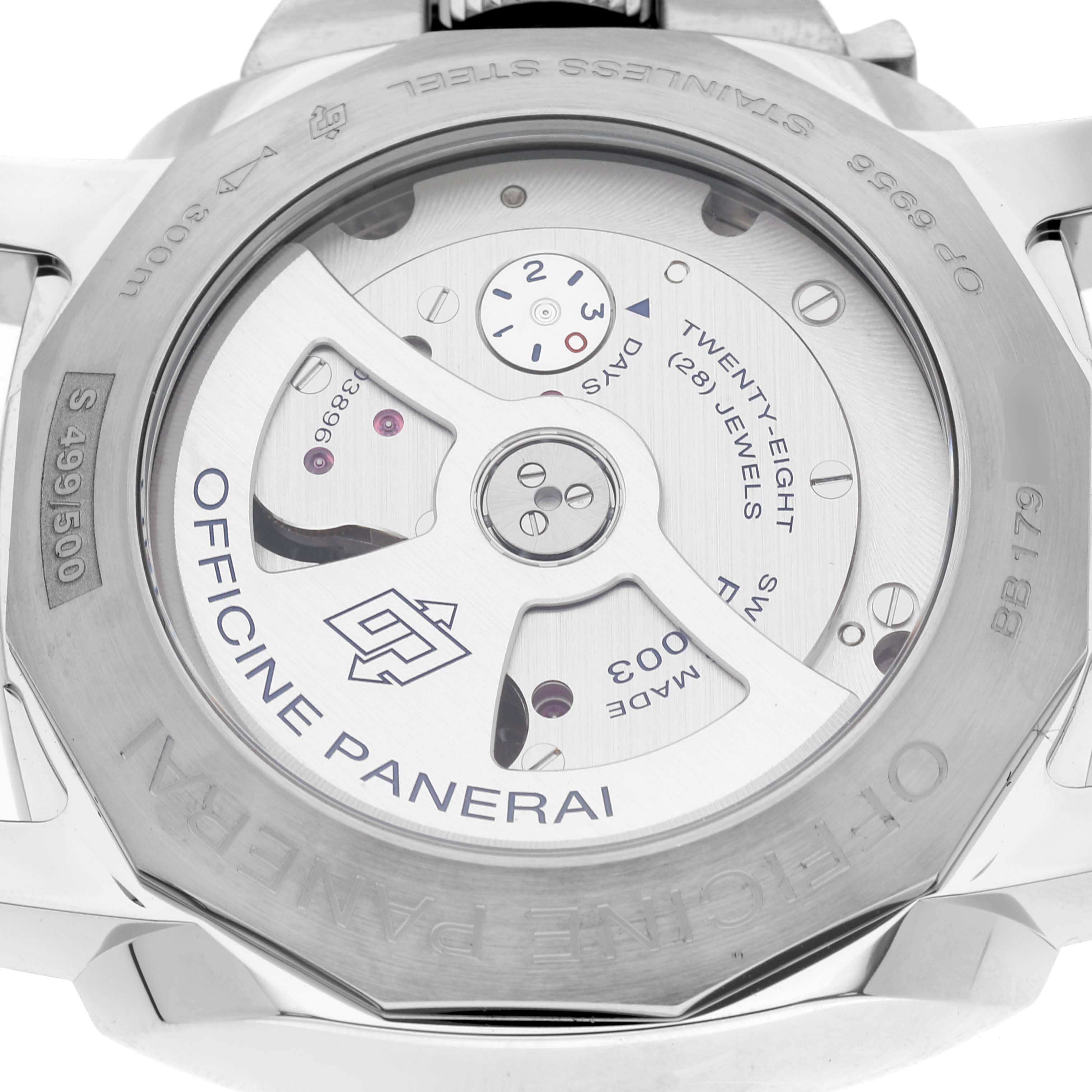 This image shows the back view of a Panerai Luminor PAM00531 Men's Stainless Steel Black Dial PAM00531 Men's Stainless Steel Black Dial watch, highlighting its exposed movement and engravings.