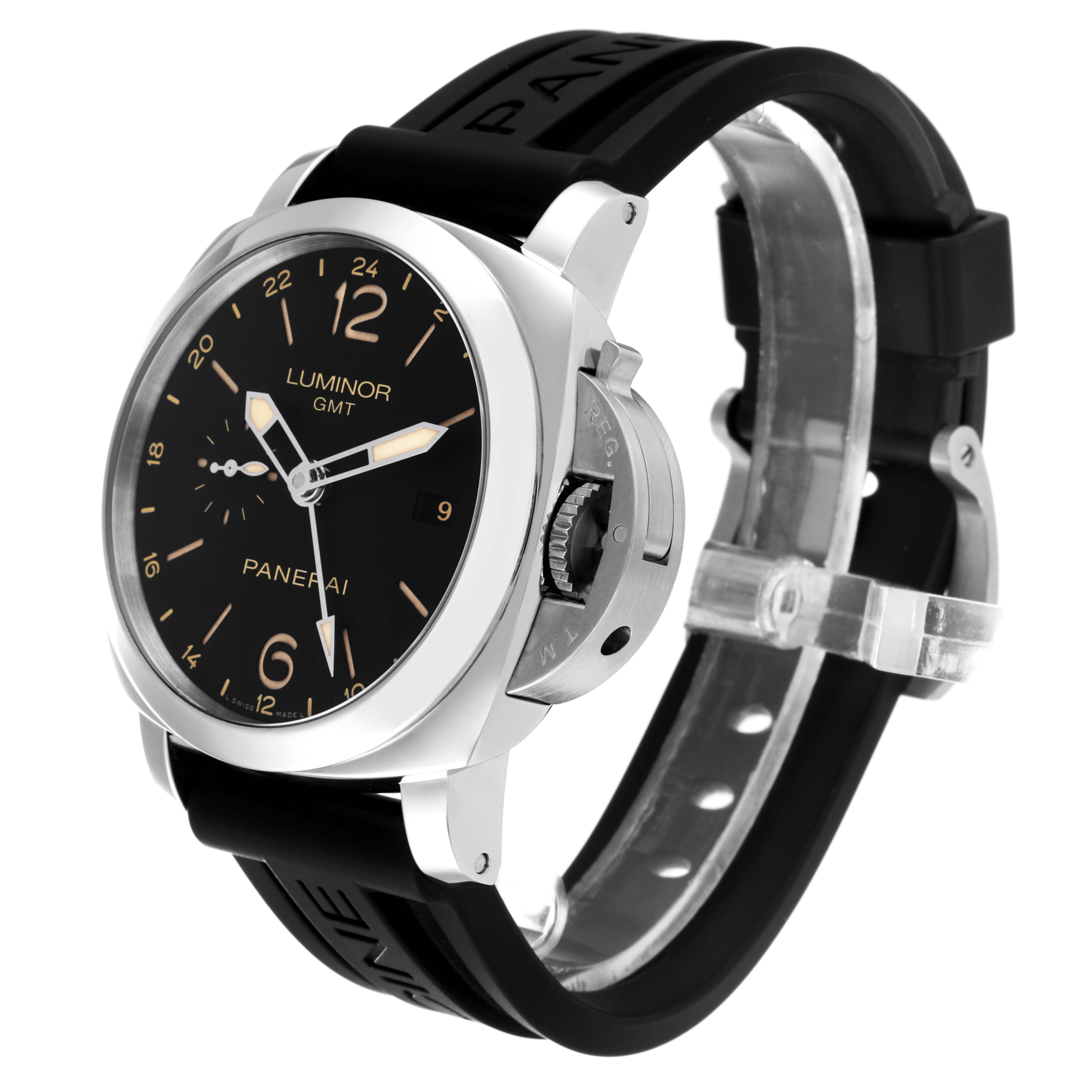 The image shows a front angled view of a Panerai Luminor PAM00531 Men's Stainless Steel Black Dial PAM00531 Men's Stainless Steel Black Dial GMT watch with a black dial and rubber strap.