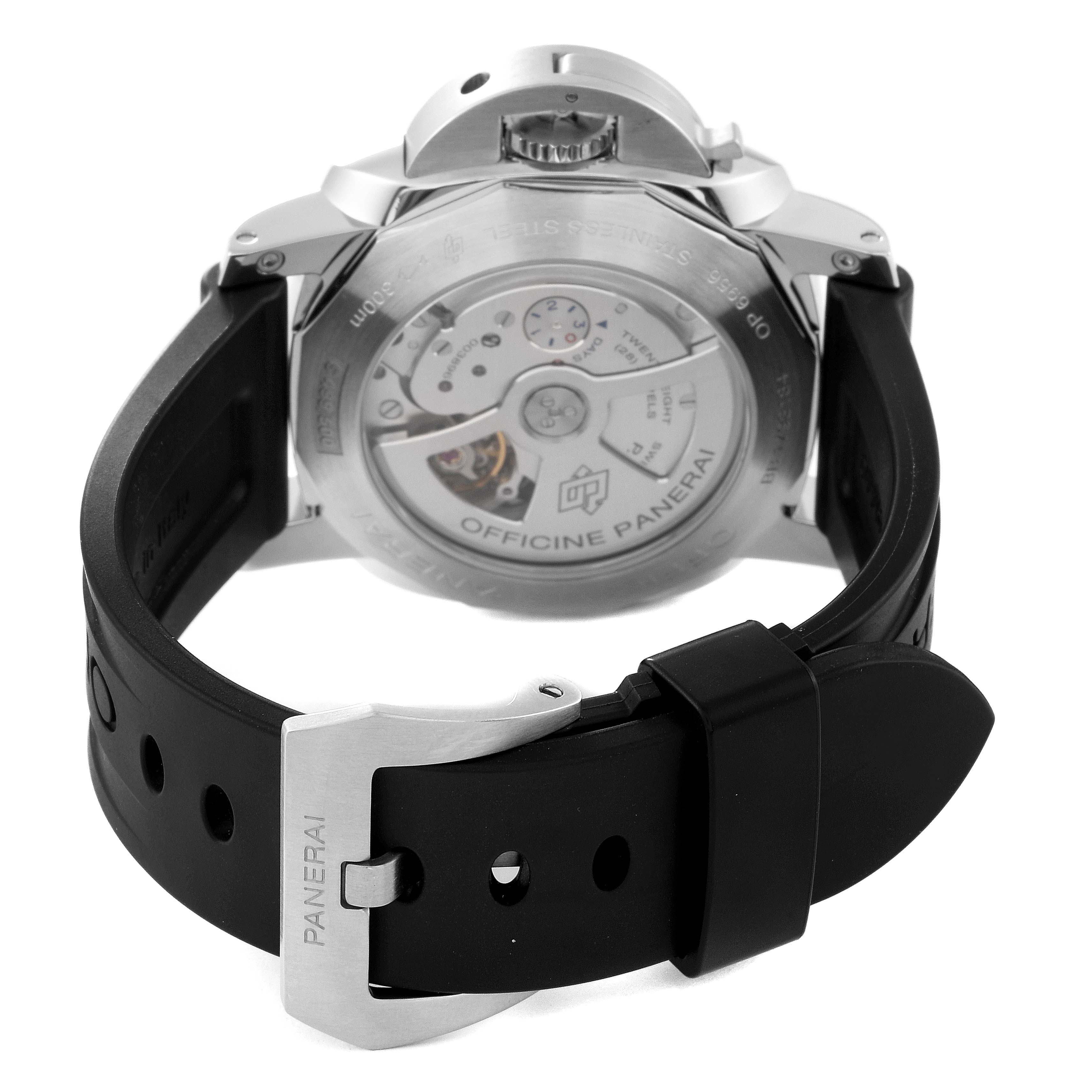 This image shows the back of the Panerai Luminor PAM00531 Men's Stainless Steel Black Dial PAM00531 Men's Stainless Steel Black Dial watch, revealing its movement and black strap with a buckle.