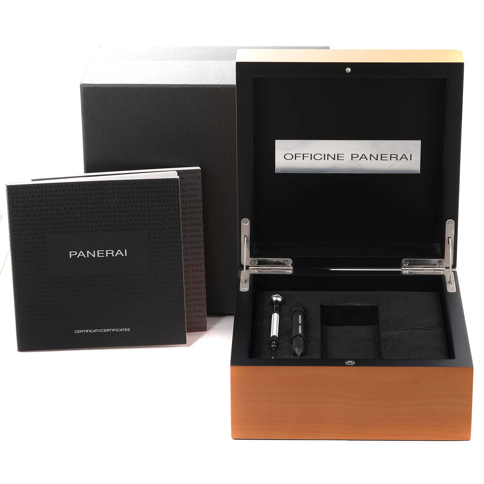 The image shows the packaging and accessory tools of a Panerai Luminor PAM00531 Men's Stainless Steel Black Dial PAM00531 Men's Stainless Steel Black Dial watch, including its box and certification documents.