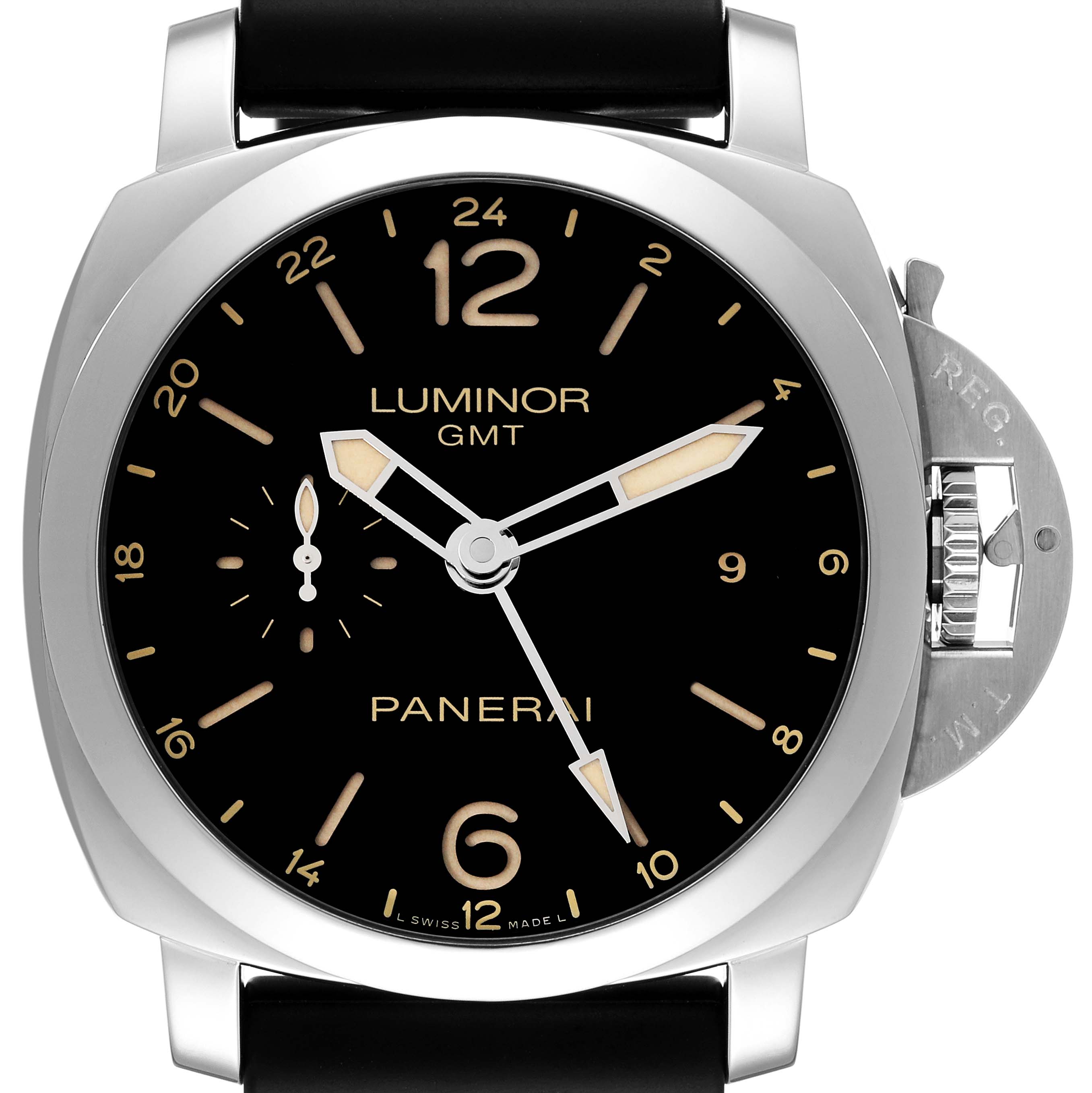 The image shows a front view of a Panerai Luminor PAM00531 Men's Stainless Steel Black Dial PAM00531 Men's Stainless Steel Black Dial GMT watch, highlighting its dial, case, and crown guard.