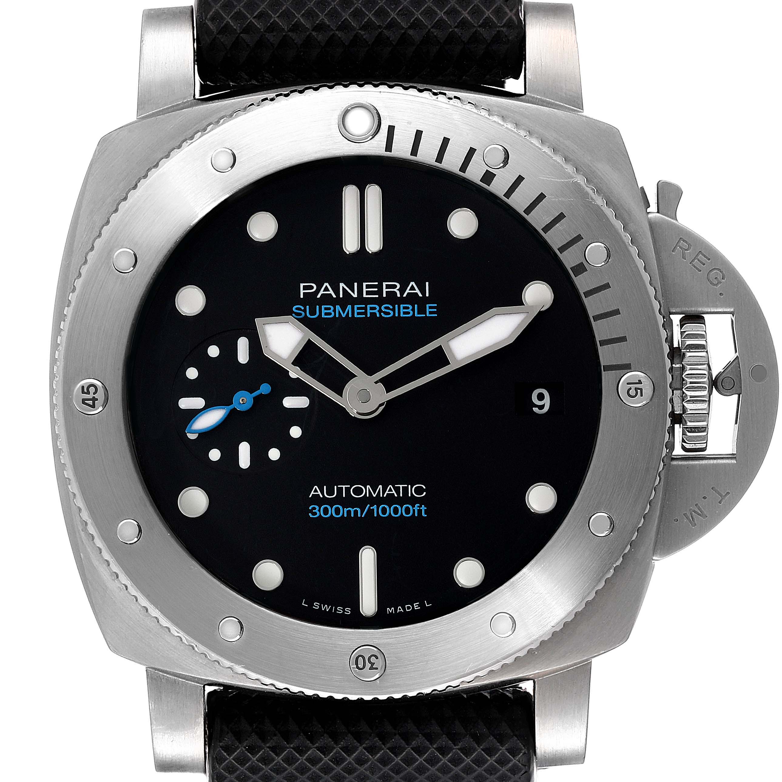 This image shows a front view of the Panerai Submersible PAM00973 Men's Stainless Steel Black Dial PAM00973 Men's Stainless Steel Black Dial model, highlighting the dial, bezel, and strap attachment points.