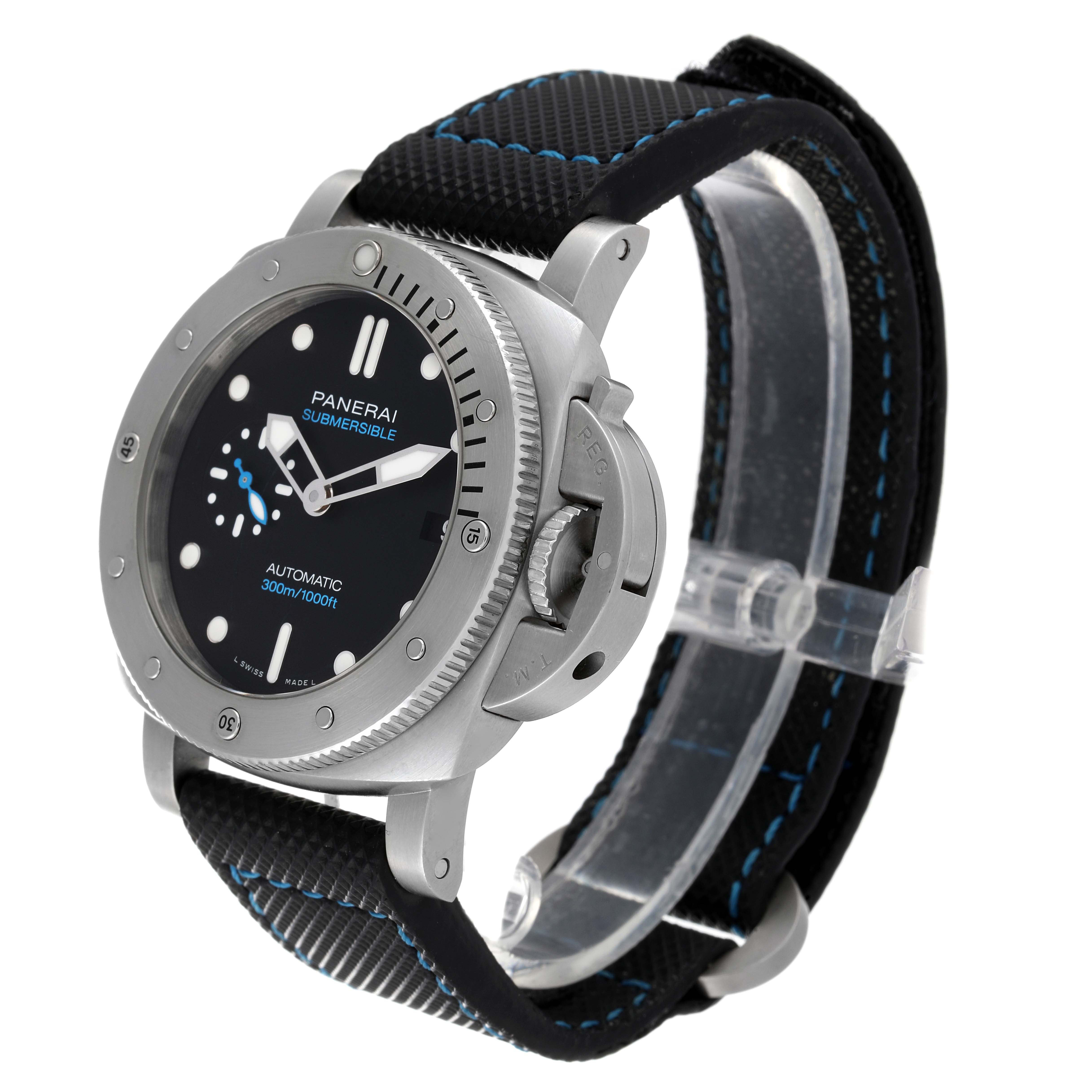 The image shows a side angle of the Panerai Submersible PAM00973 Men's Stainless Steel Black Dial PAM00973 Men's Stainless Steel Black Dial watch, highlighting the bezel, dial, strap, and crown guard.