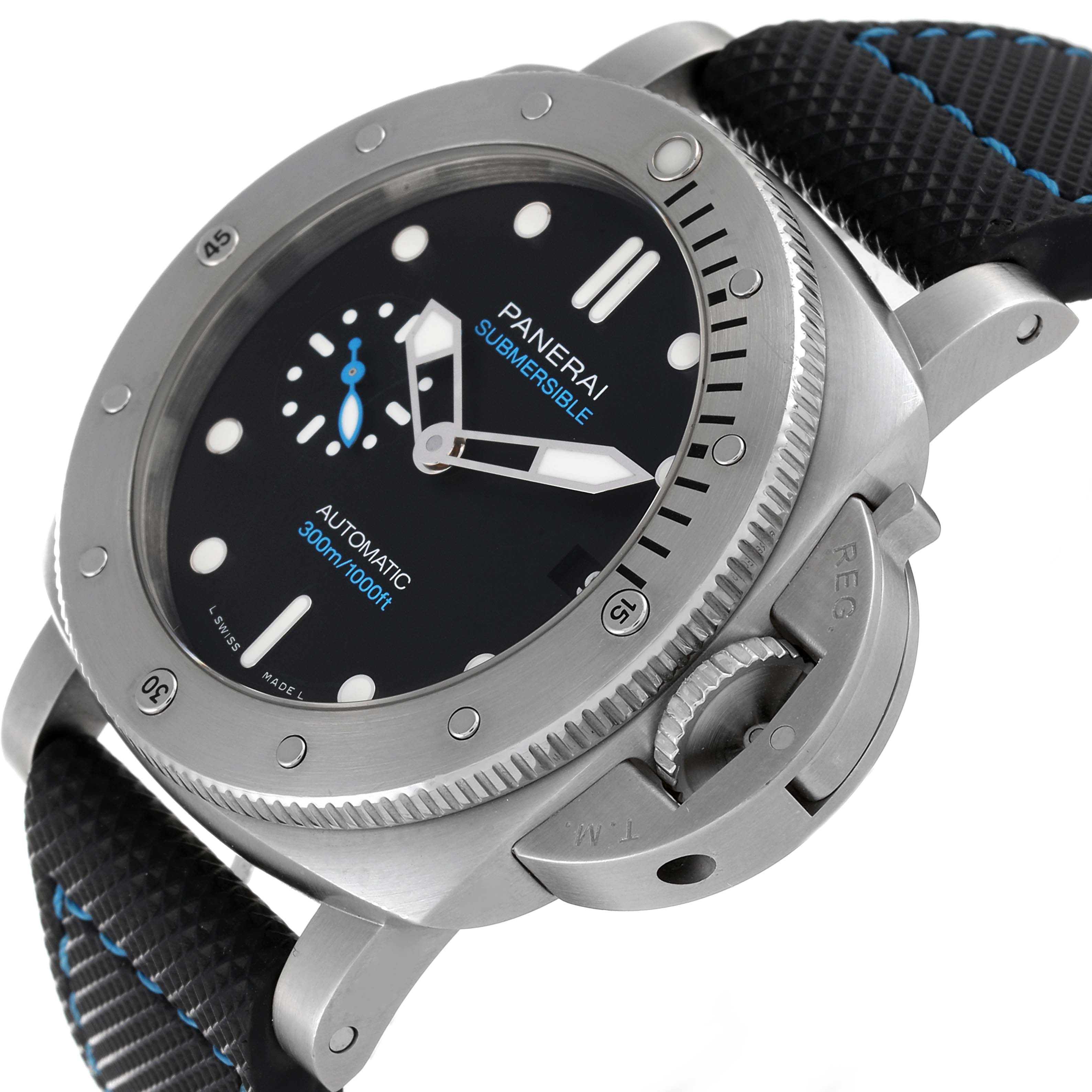 The image displays a Panerai Submersible PAM00973 Men's Stainless Steel Black Dial PAM00973 Men's Stainless Steel Black Dial watch from an angled perspective showing the face, bezel, crown guard, and strap.