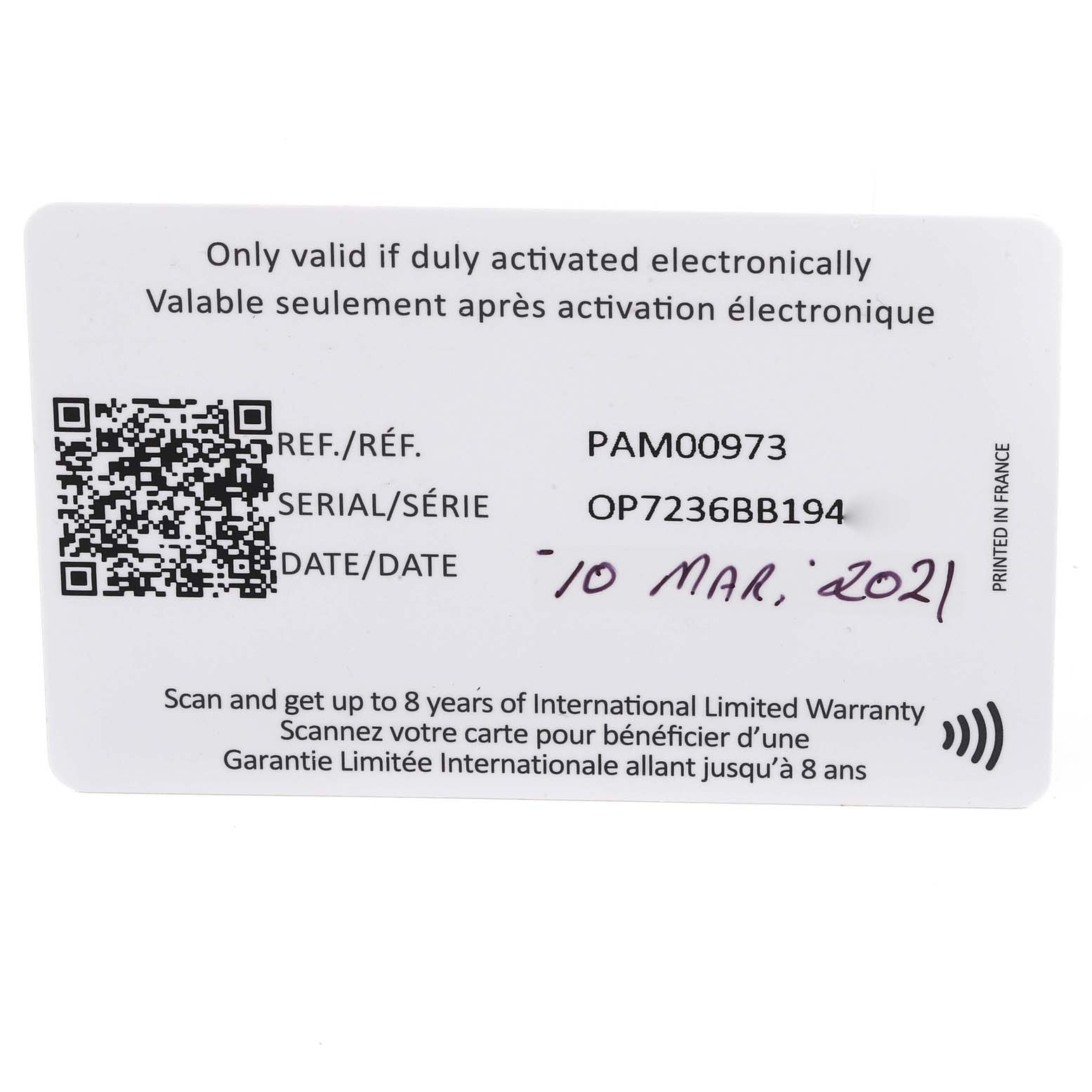 The image shows a warranty card for the Panerai Submersible PAM00973 Men's Stainless Steel Black Dial PAM00973 Men's Stainless Steel Black Dial model, including its reference number, serial number, and activation date.