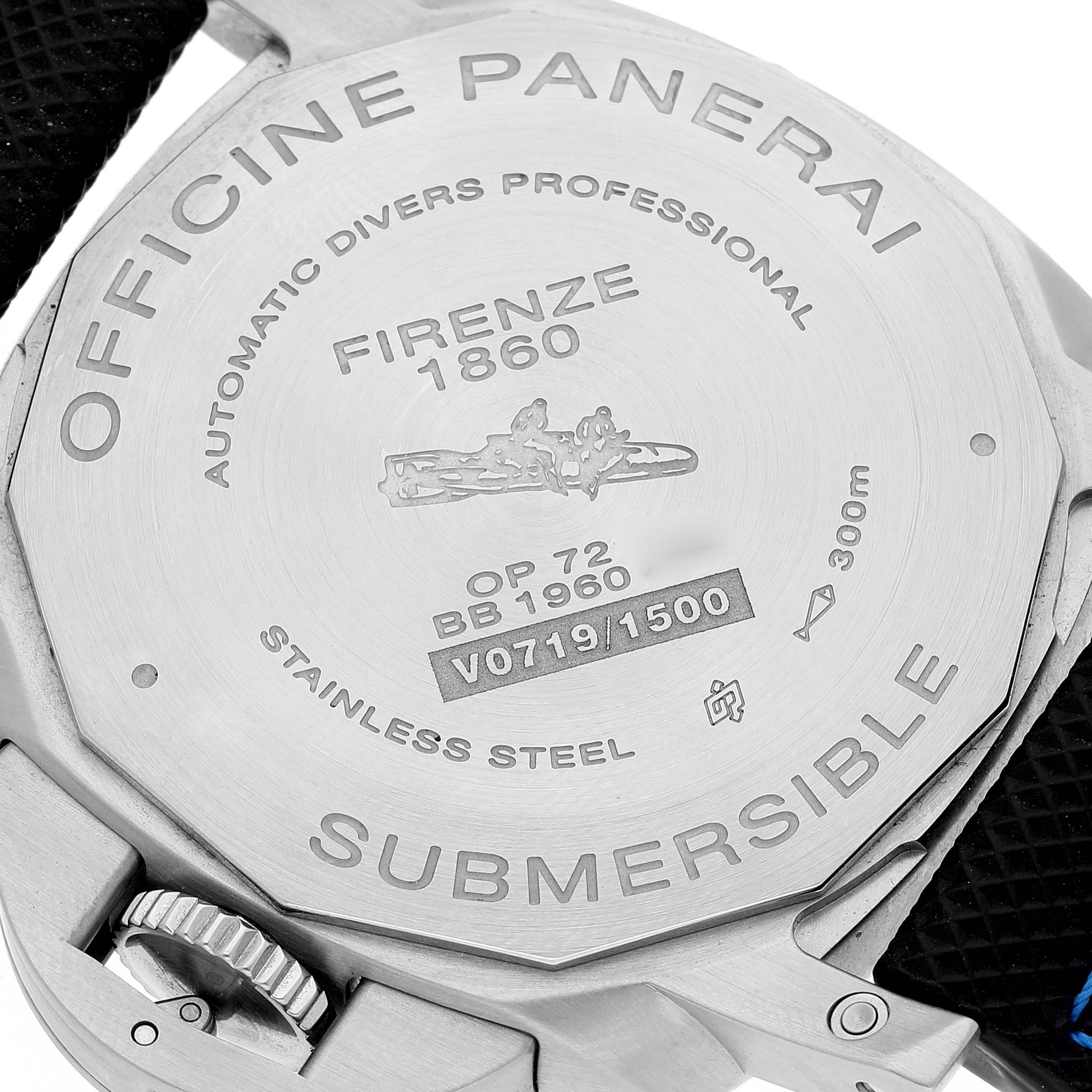 The image shows the back case of the Panerai Submersible PAM00973 Men's Stainless Steel Black Dial PAM00973 Men's Stainless Steel Black Dial watch, detailing its model, material, and water resistance.