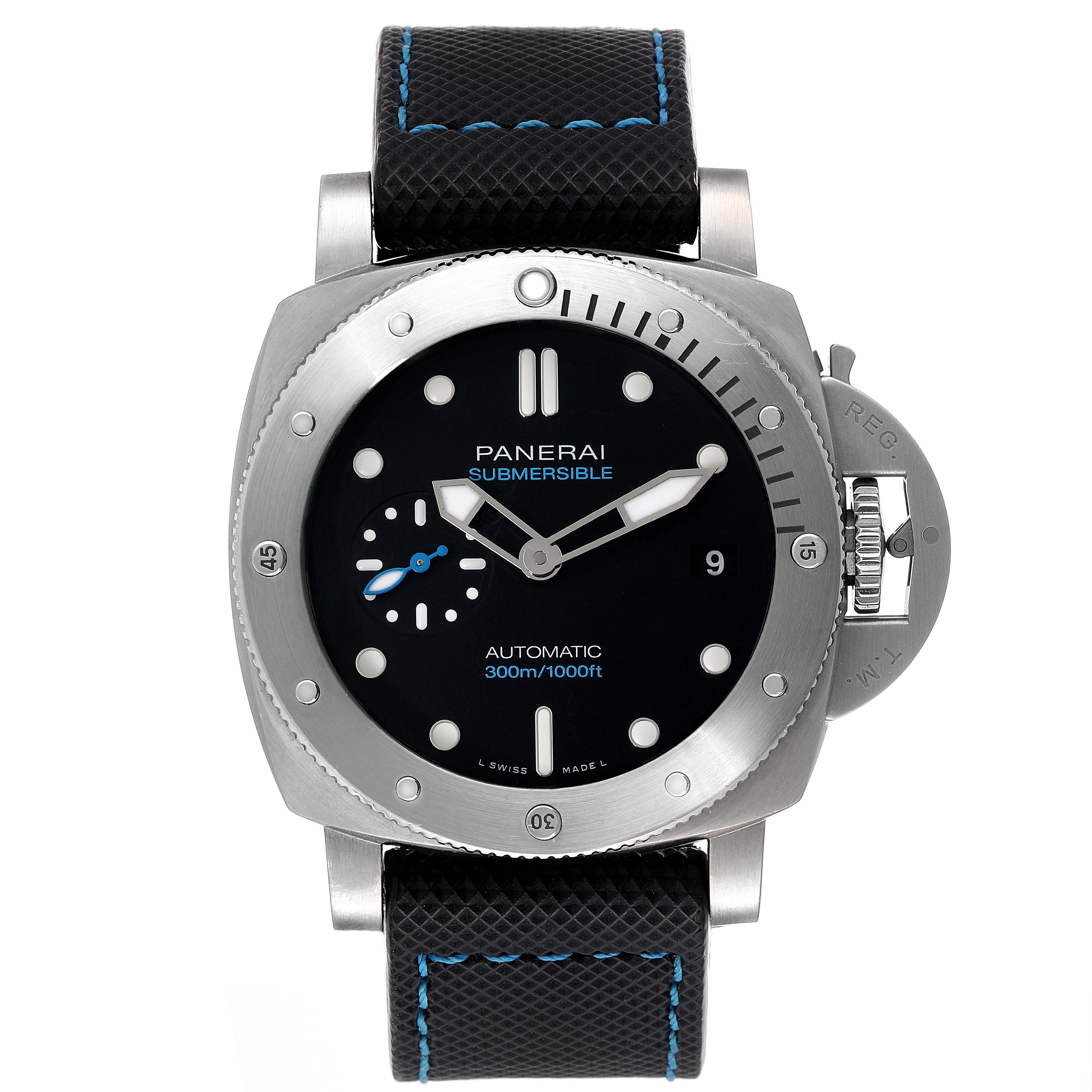 The image shows a front view of a Panerai Submersible PAM00973 Men's Stainless Steel Black Dial PAM00973 Men's Stainless Steel Black Dial watch with a black dial and strap, displaying its bezel, crown guard, and markings.
