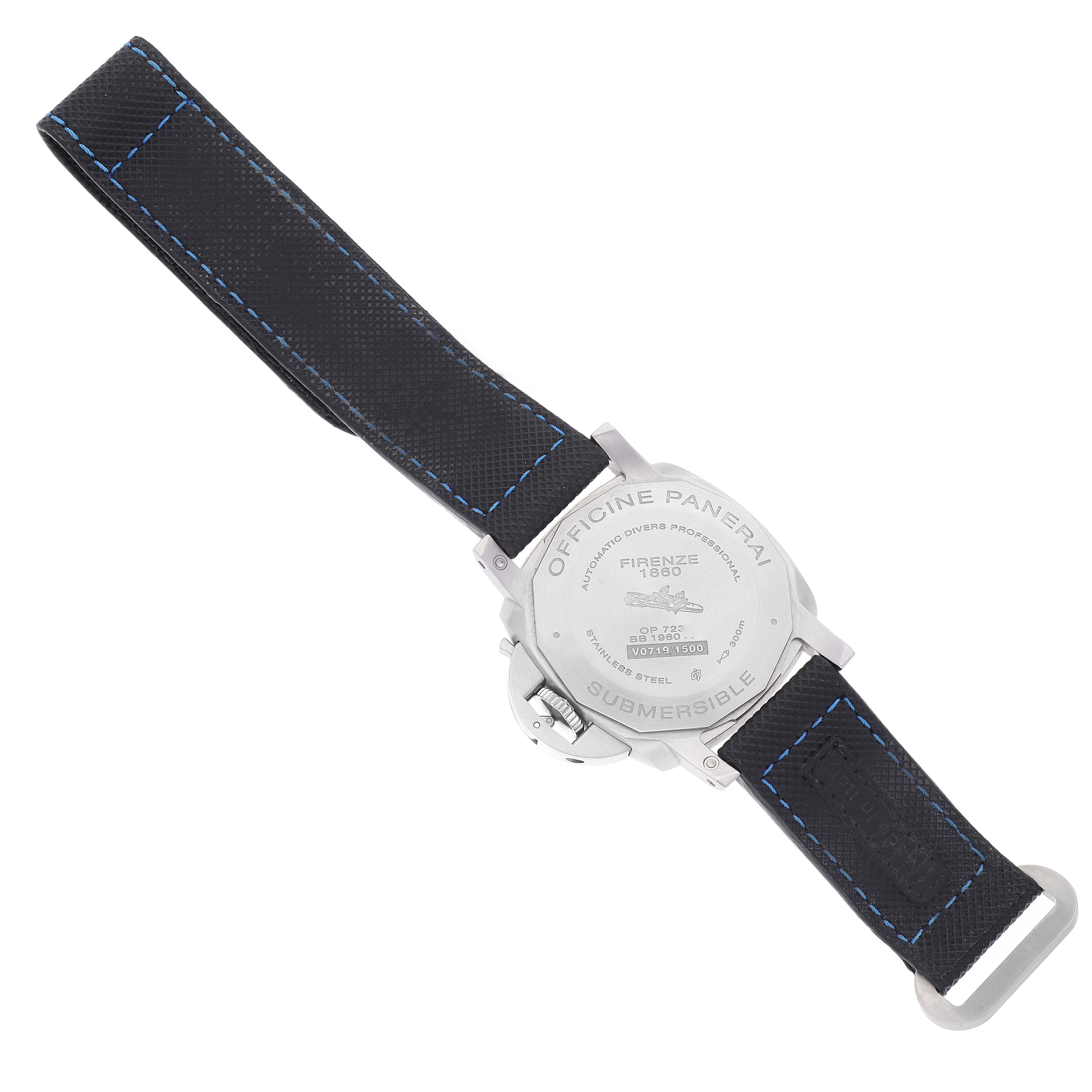 The image shows the back view of a Panerai Submersible PAM00973 Men's Stainless Steel Black Dial PAM00973 Men's Stainless Steel Black Dial watch, including the case back and part of the strap.