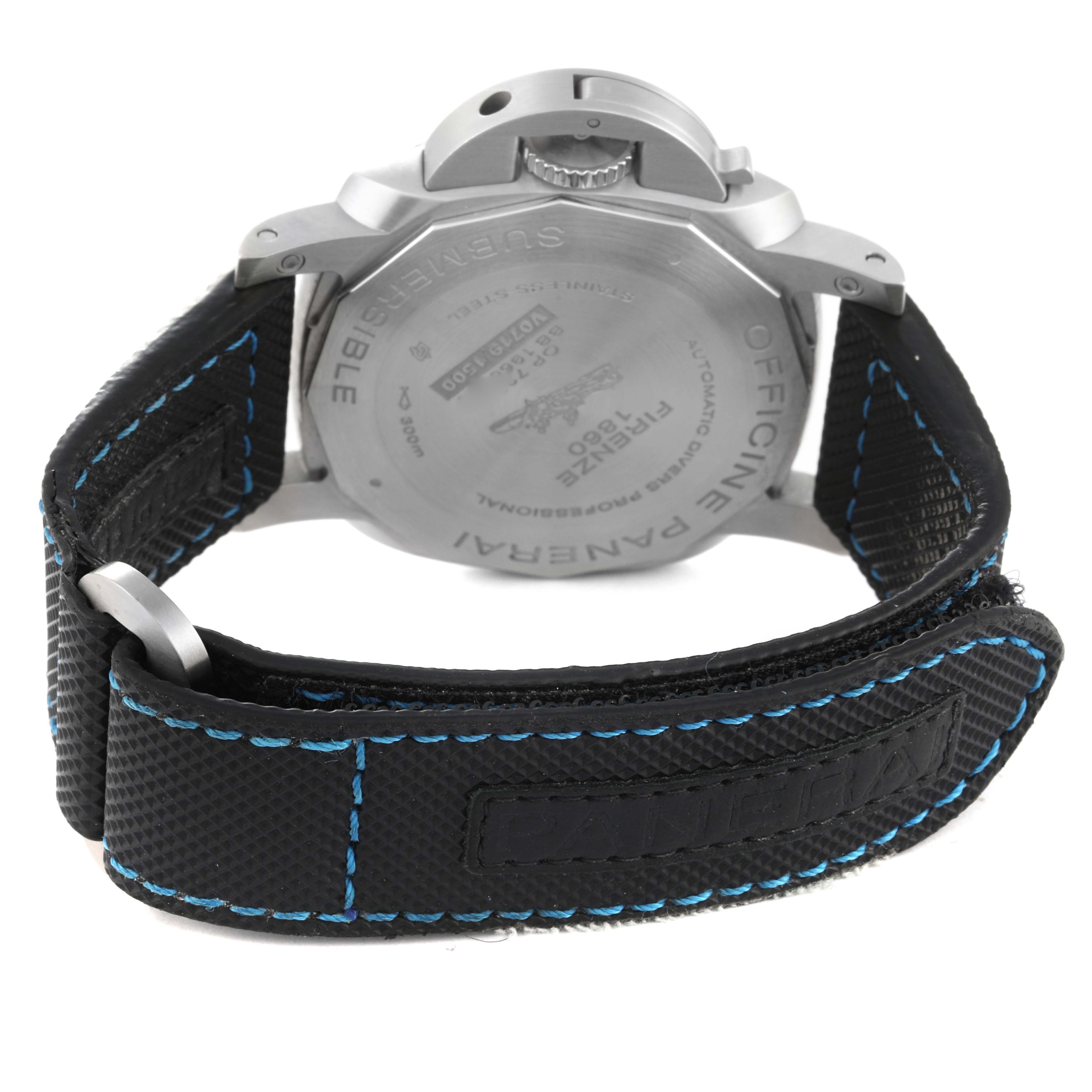 The image shows the case back and strap of a Panerai Submersible PAM00973 Men's Stainless Steel Black Dial PAM00973 Men's Stainless Steel Black Dial watch from a rear angle.