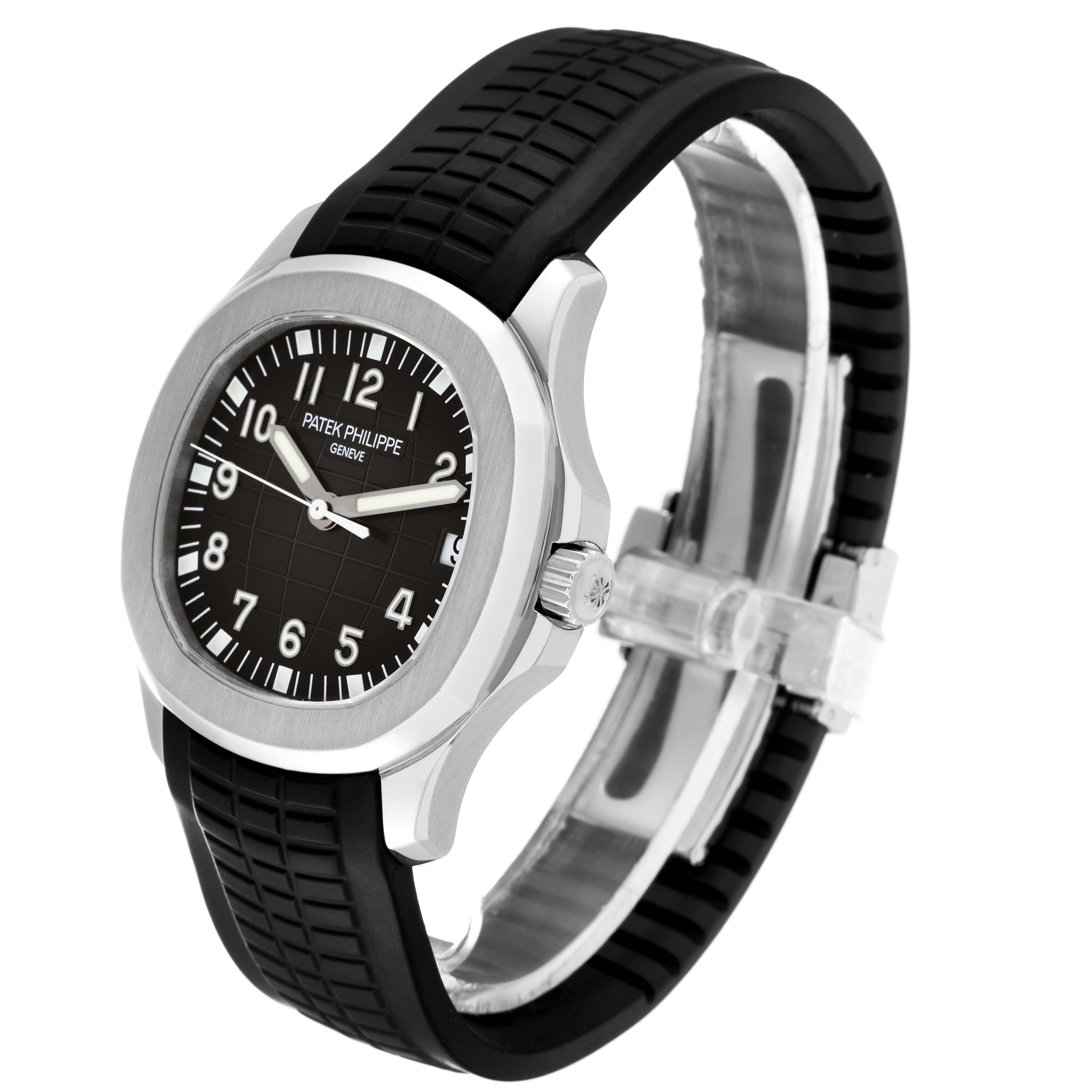 This image shows a Patek Philippe Aquanaut 5165A-001 Men's Stainless Steel Black Dial 5165A-001 Men's Stainless Steel Black Dial watch from a three-quarter angle, highlighting its face, case, and rubber strap.