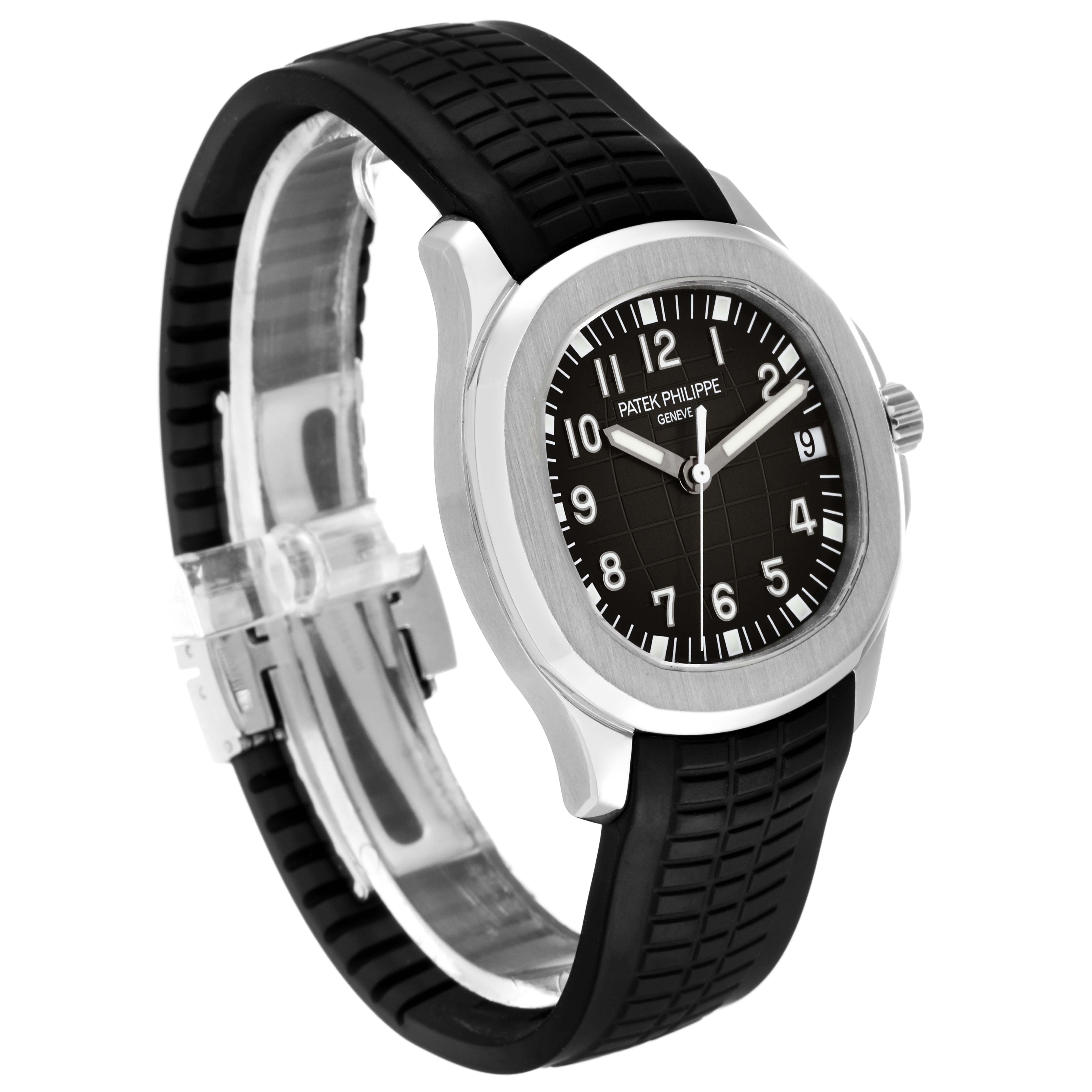 The image shows a side angle of the Patek Philippe Aquanaut 5165A-001 Men's Stainless Steel Black Dial 5165A-001 Men's Stainless Steel Black Dial watch, displaying the face, case, and rubber strap.