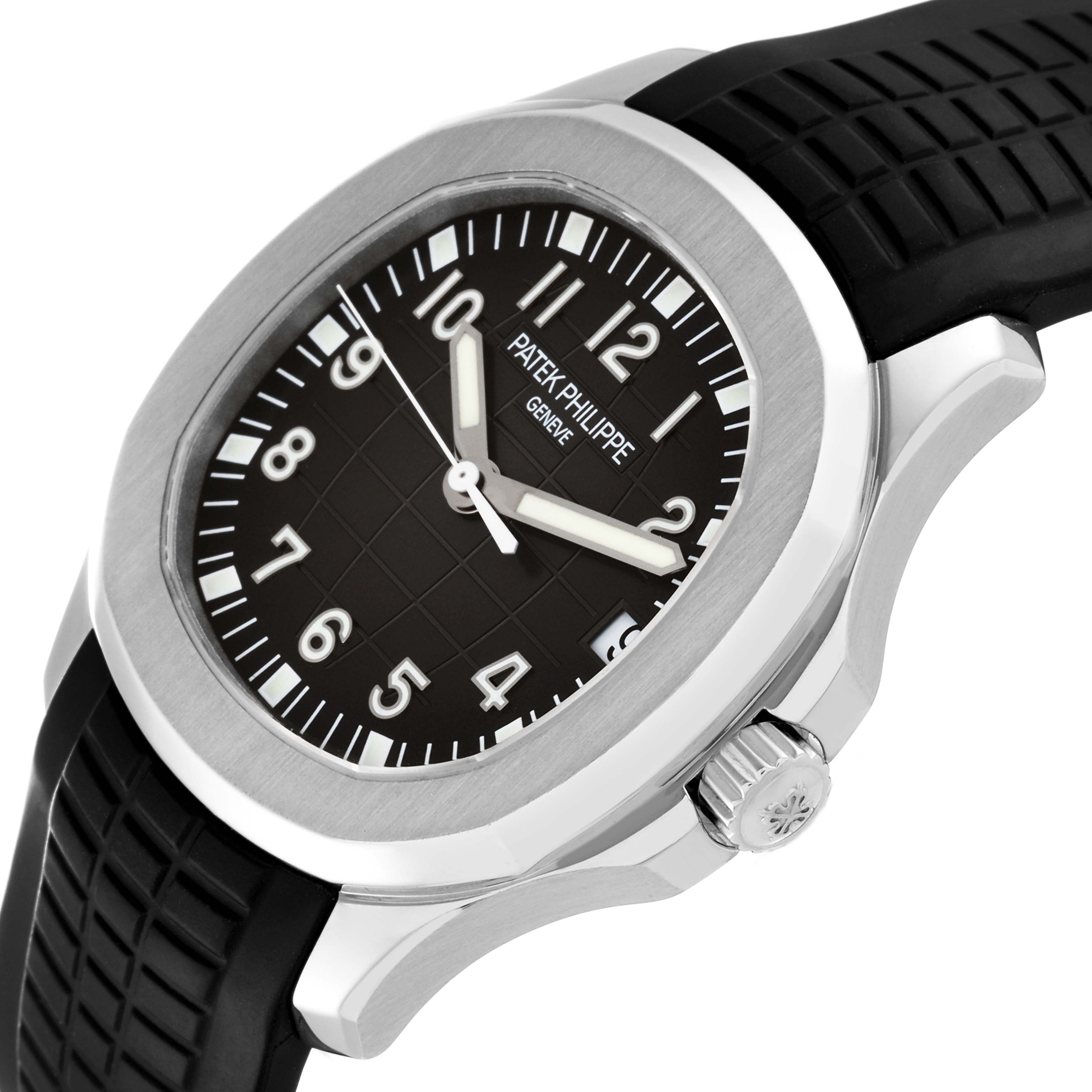 The image shows the Patek Philippe Aquanaut 5165A-001 Men's Stainless Steel Black Dial 5165A-001 Men's Stainless Steel Black Dial watch from an angled view, highlighting its dial, case, crown, and strap.
