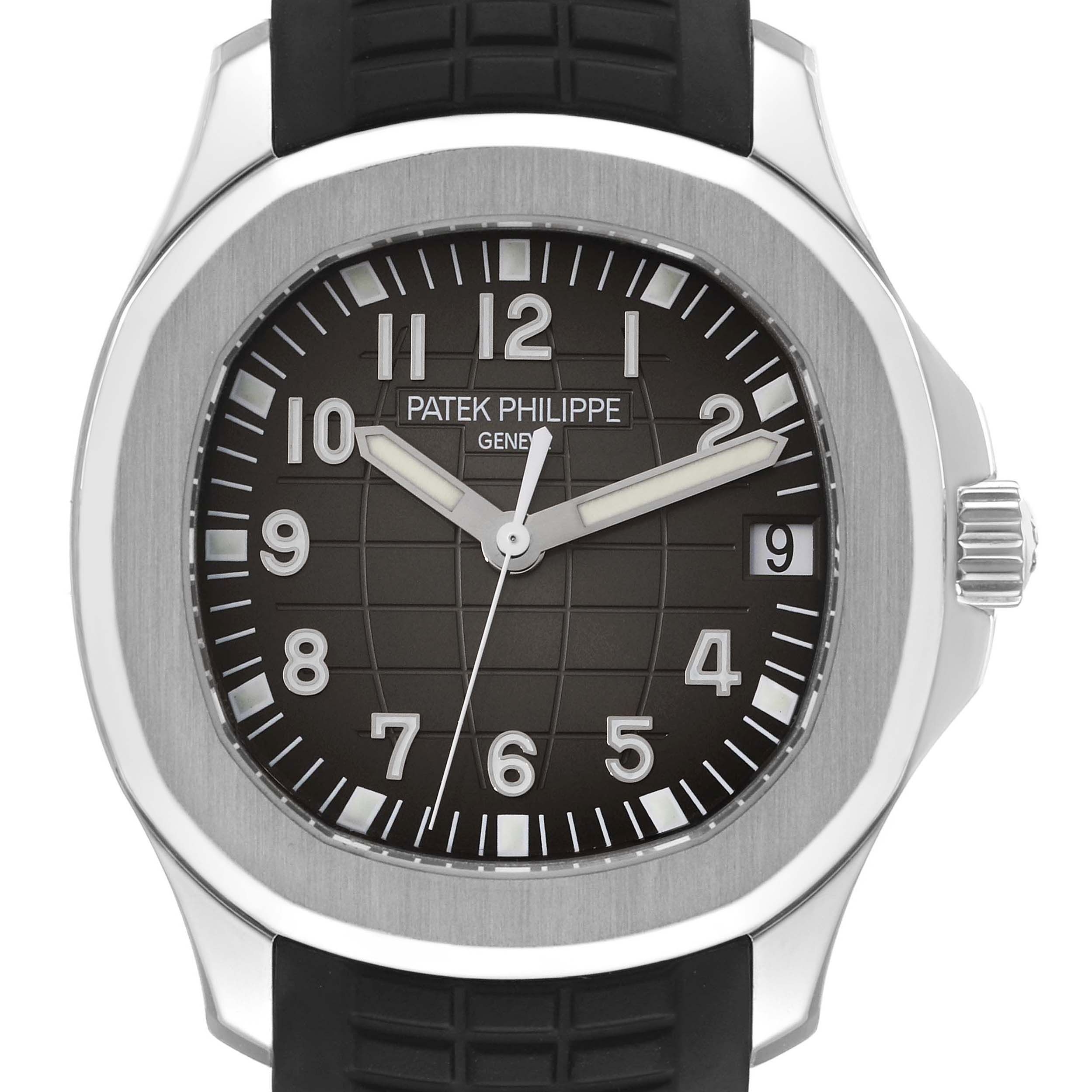 The image shows a front view of the Patek Philippe Aquanaut 5165A-001 Men's Stainless Steel Black Dial 5165A-001 Men's Stainless Steel Black Dial watch, highlighting the dial, hands, numerals, and crown.