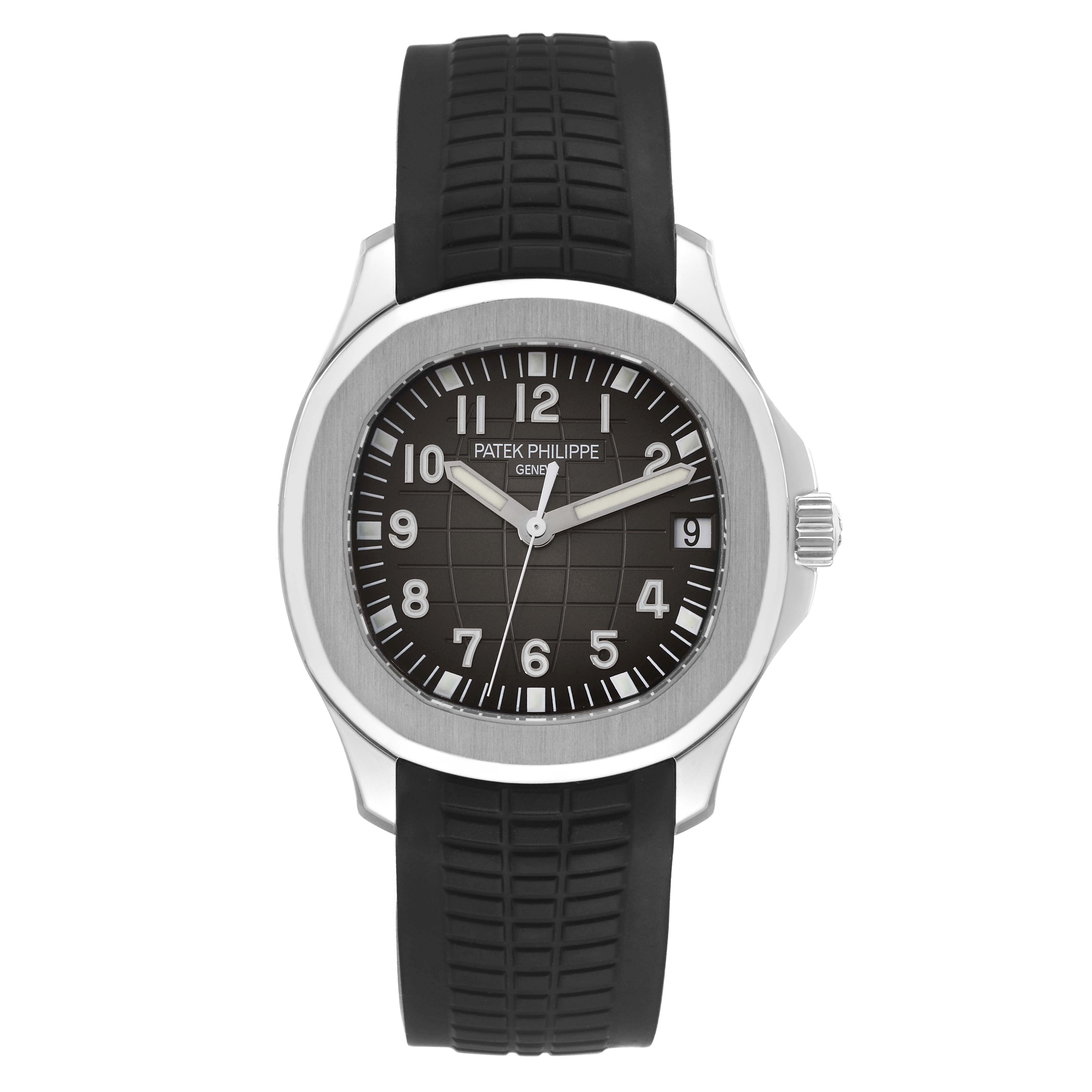 The image shows a front view of a Patek Philippe Aquanaut 5165A-001 Men's Stainless Steel Black Dial 5165A-001 Men's Stainless Steel Black Dial watch, displaying the face, bezel, and strap.