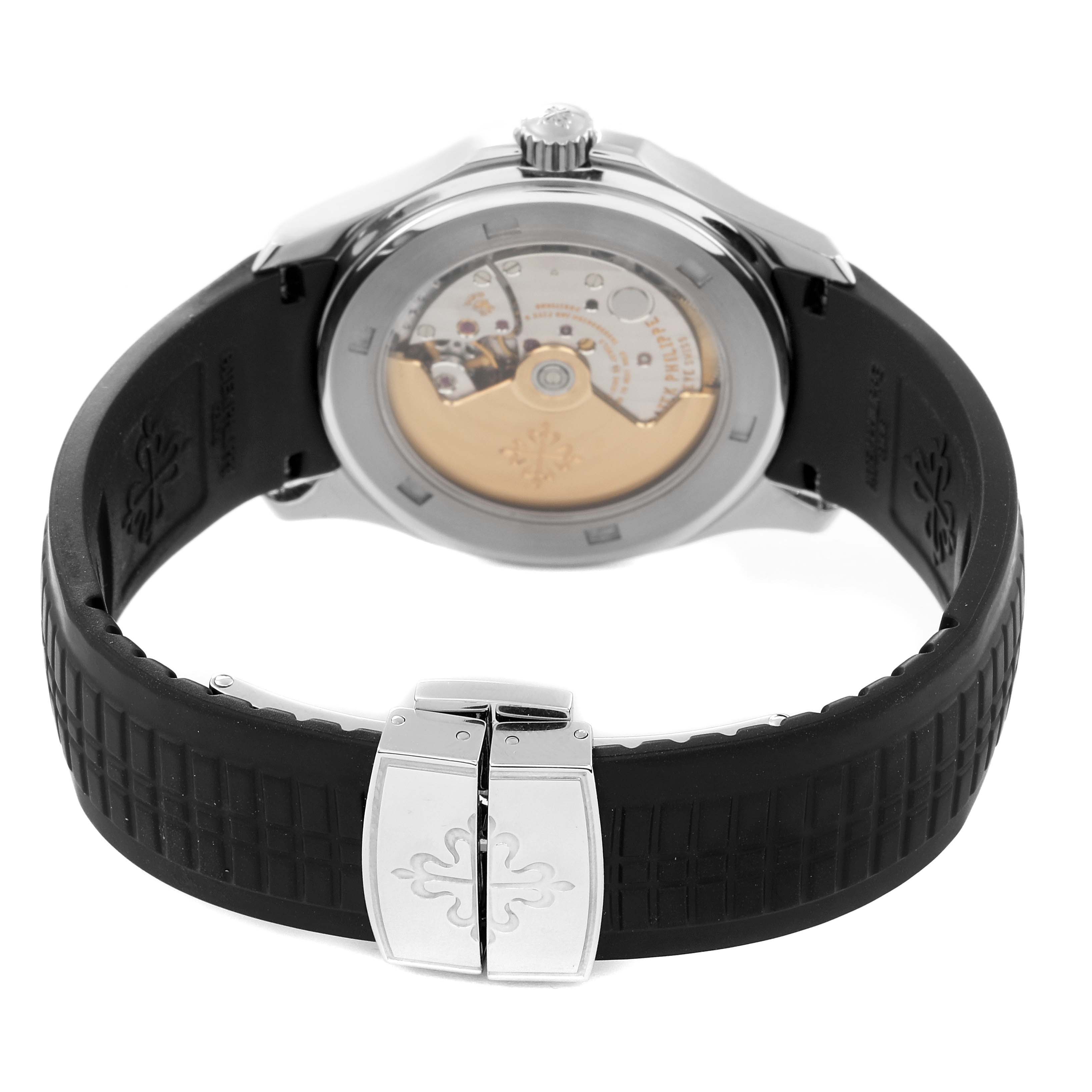This image shows the back view of the Patek Philippe Aquanaut 5165A-001 Men's Stainless Steel Black Dial 5165A-001 Men's Stainless Steel Black Dial watch, highlighting the movement and clasp on the rubber strap.