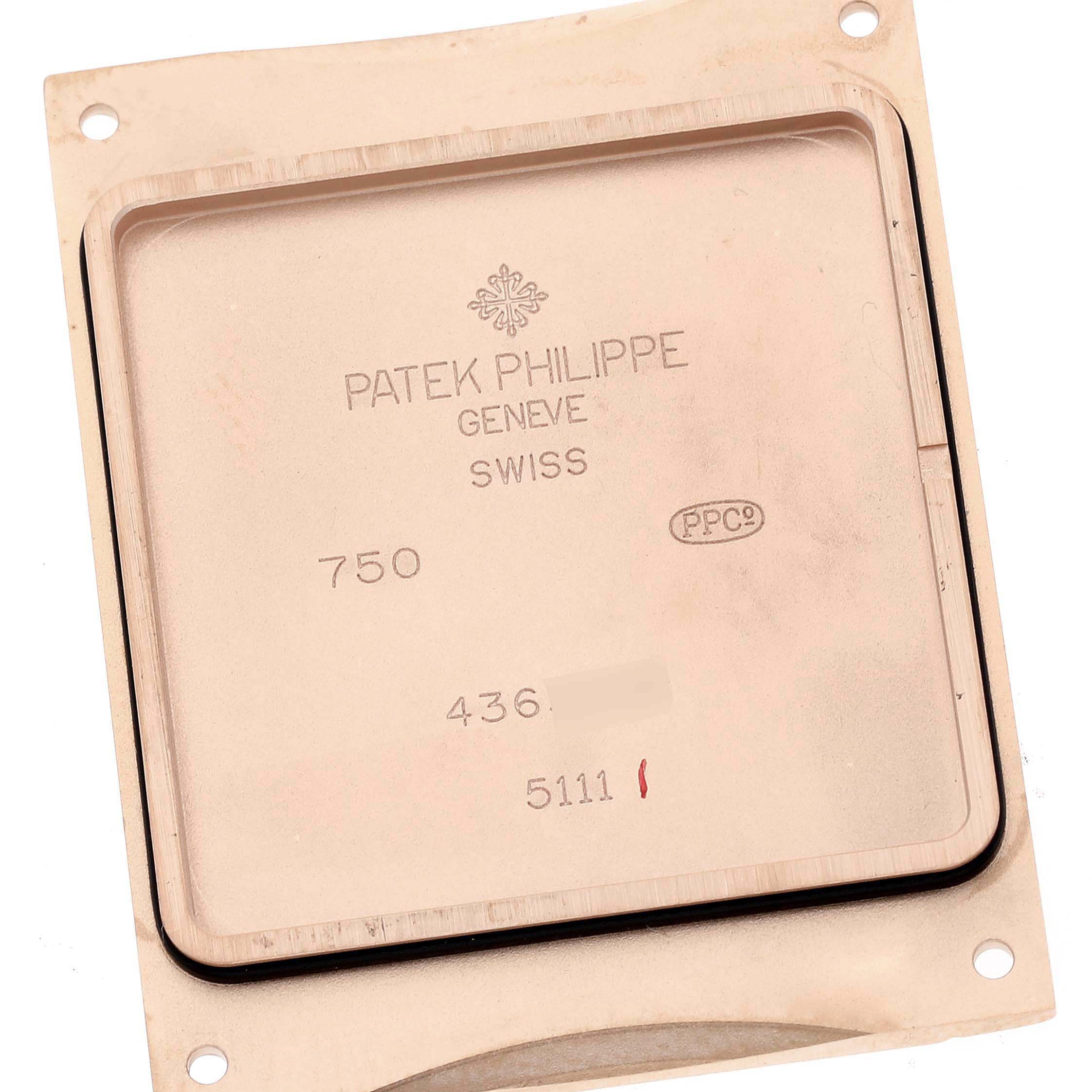 This image shows the case back of the Patek Philippe Gondolo 5111R Men
s Rose Gold Silver Dial 5111R Men
s Rose Gold Silver Dial watch model.