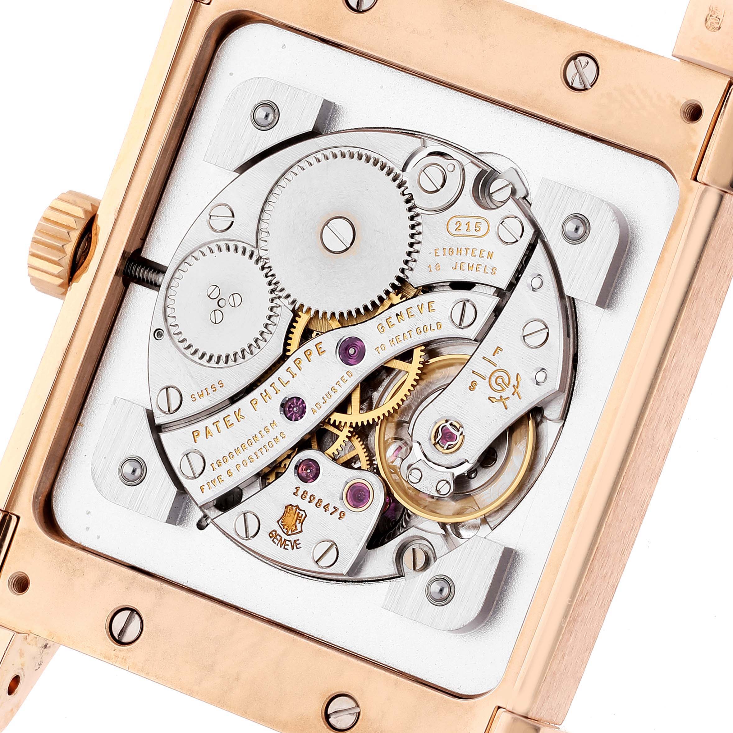 The image shows the back view of the Patek Philippe Gondolo 5111R Men
s Rose Gold Silver Dial 5111R Men
s Rose Gold Silver Dial watch, displaying its mechanical movement components.