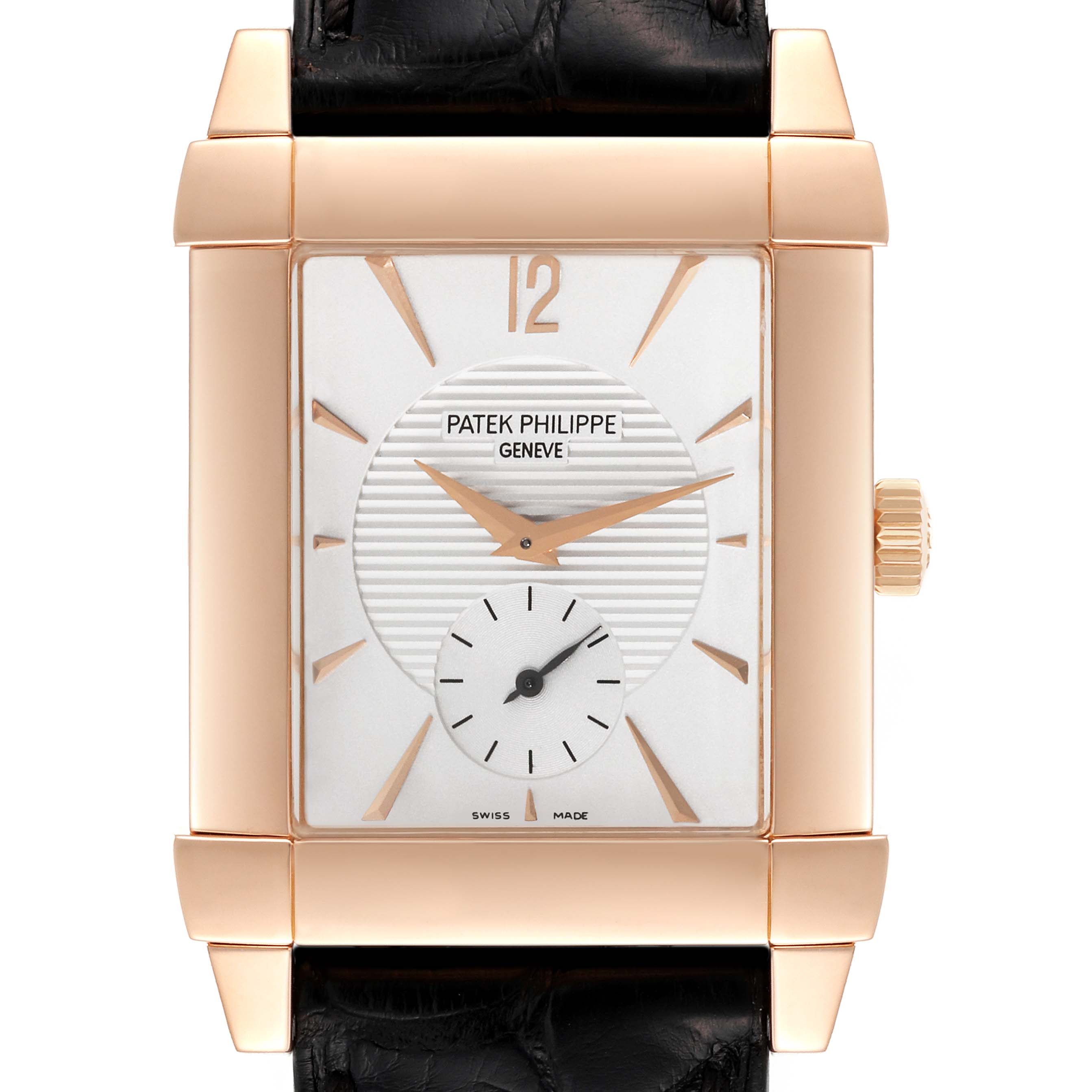 The image shows a frontal view of the Patek Philippe Gondolo 5111R Men
s Rose Gold Silver Dial 5111R Men
s Rose Gold Silver Dial watch, highlighting its rectangular face, dial, numerals, and crown.