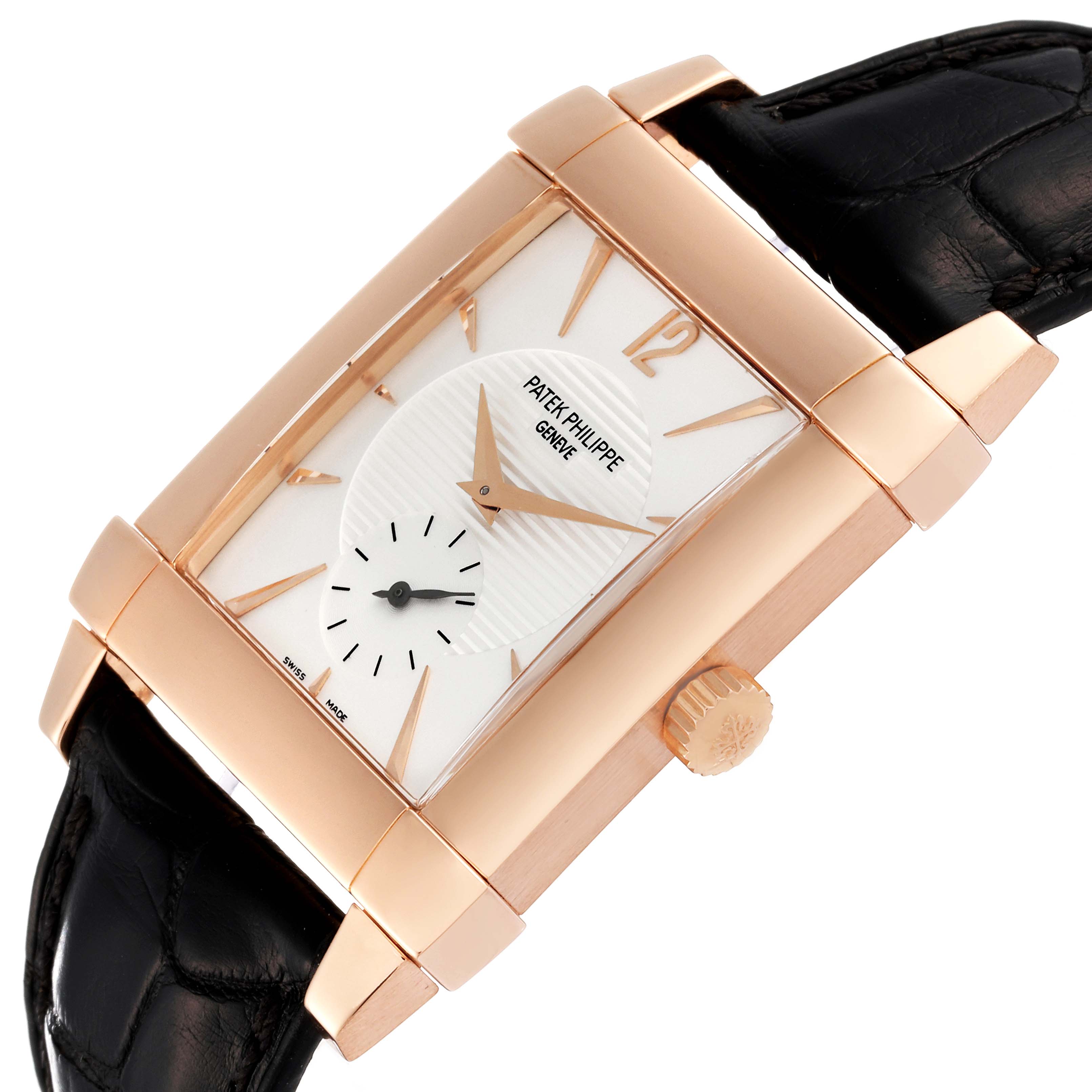 The image shows a Patek Philippe Gondolo 5111R Men
s Rose Gold Silver Dial 5111R Men
s Rose Gold Silver Dial watch from a slight angled view, highlighting the face, crown, and strap.