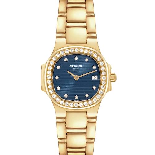 The image shows a front view of a Patek Philippe Nautilus watch with a gold bracelet, blue dial, and diamond bezel.