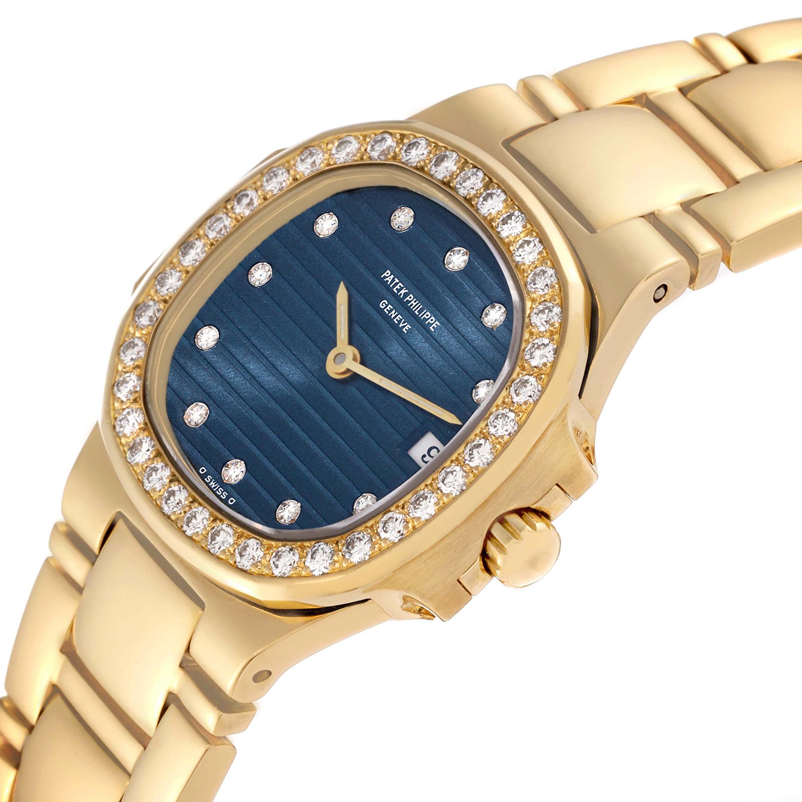 This image shows a close-up angle of the Patek Philippe Nautilus 4700 Women's Yellow Gold Black Dial 4700 Women's Yellow Gold Black Dial watch, highlighting its blue dial, diamond bezel, and gold bracelet.