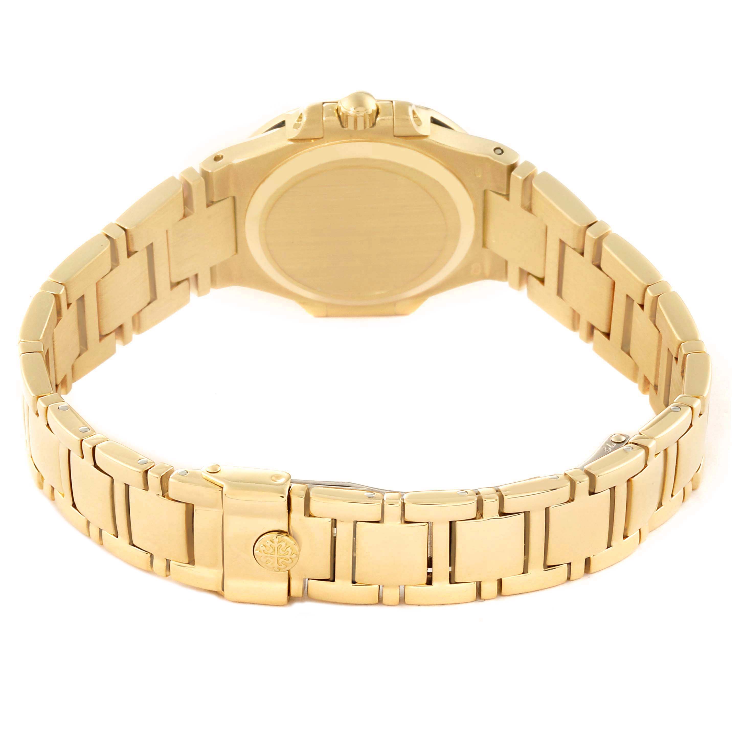 This image shows the back side of a Patek Philippe Nautilus 4700 Women's Yellow Gold Black Dial 4700 Women's Yellow Gold Black Dial watch, highlighting the metal bracelet and clasp.