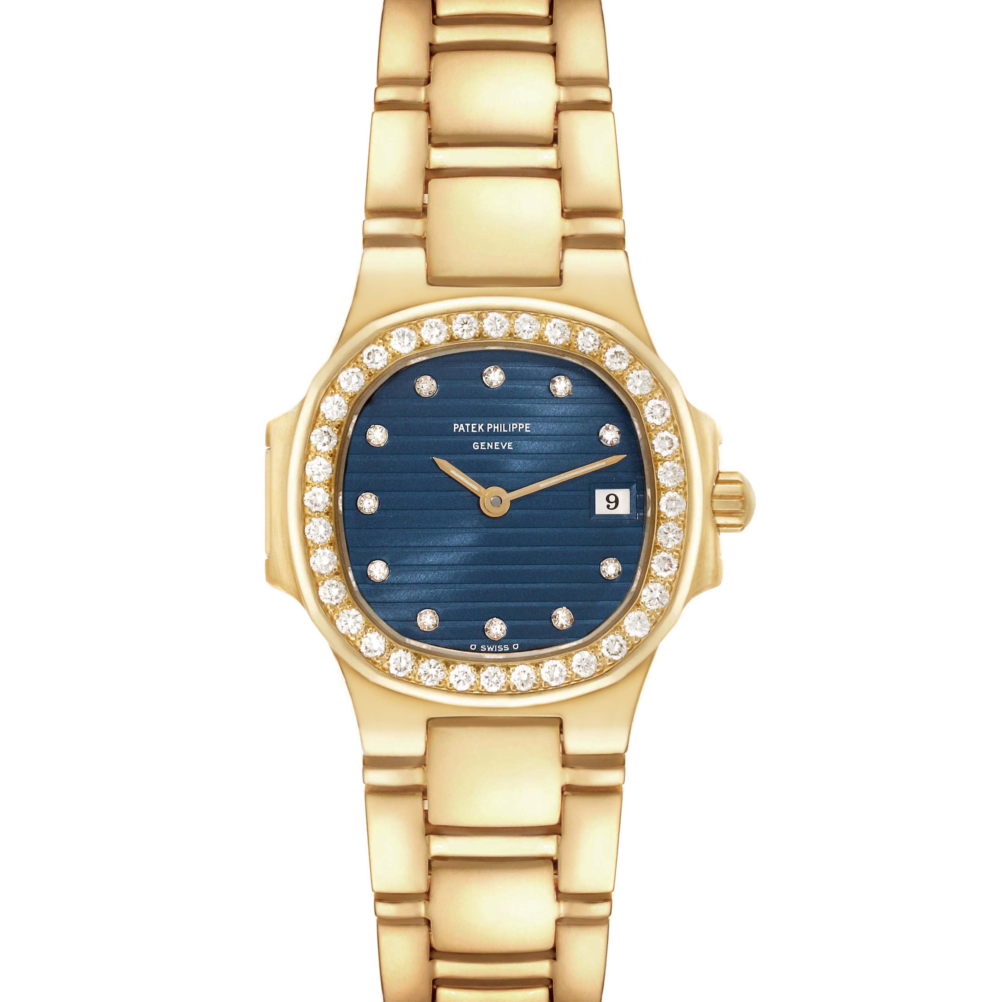 The image shows a front view of a Patek Philippe Nautilus 4700 Women's Yellow Gold Black Dial 4700 Women's Yellow Gold Black Dial watch with a gold bracelet, blue dial, and diamond-set bezel.