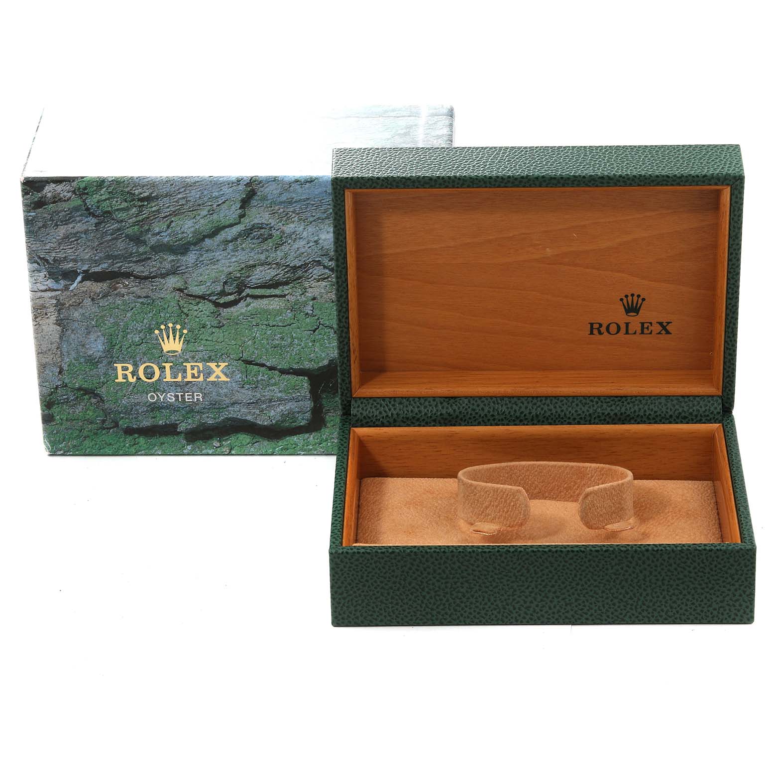 This image shows an empty open box and outer box for a Rolex Air-King 14010 Men's Stainless Steel Pink Dial 14010 Men's Stainless Steel Pink Dial watch.